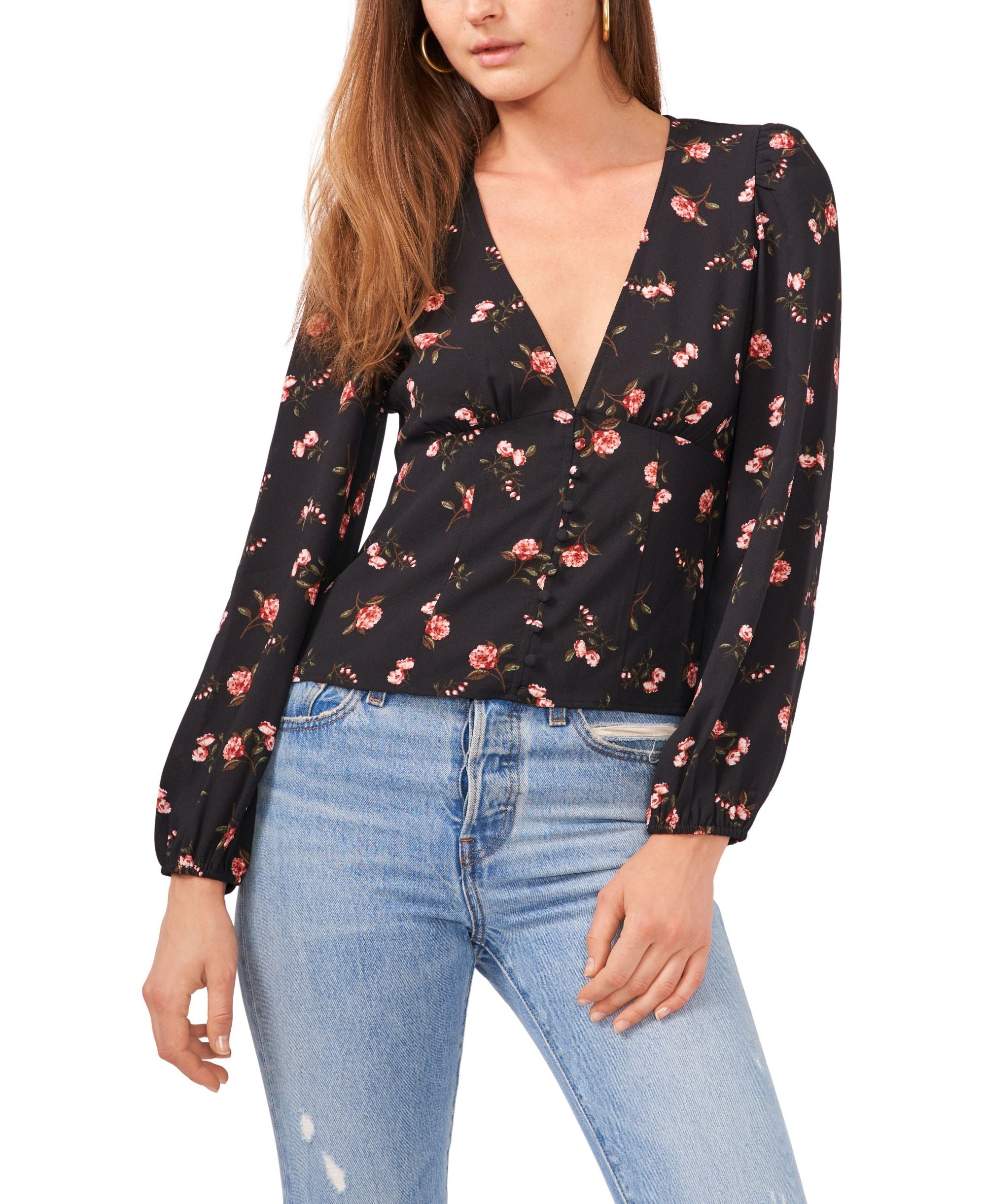 1.State Long Sleeve V Neck Button Front Top