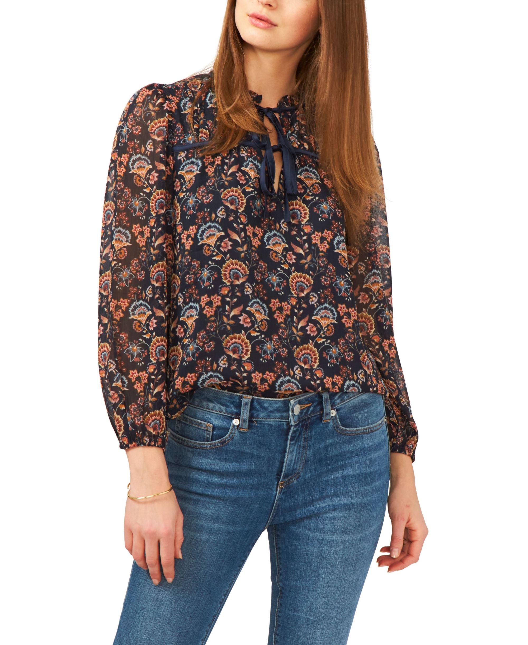 1.State Long Sleeve Ruched Yoke Tie Neck Top