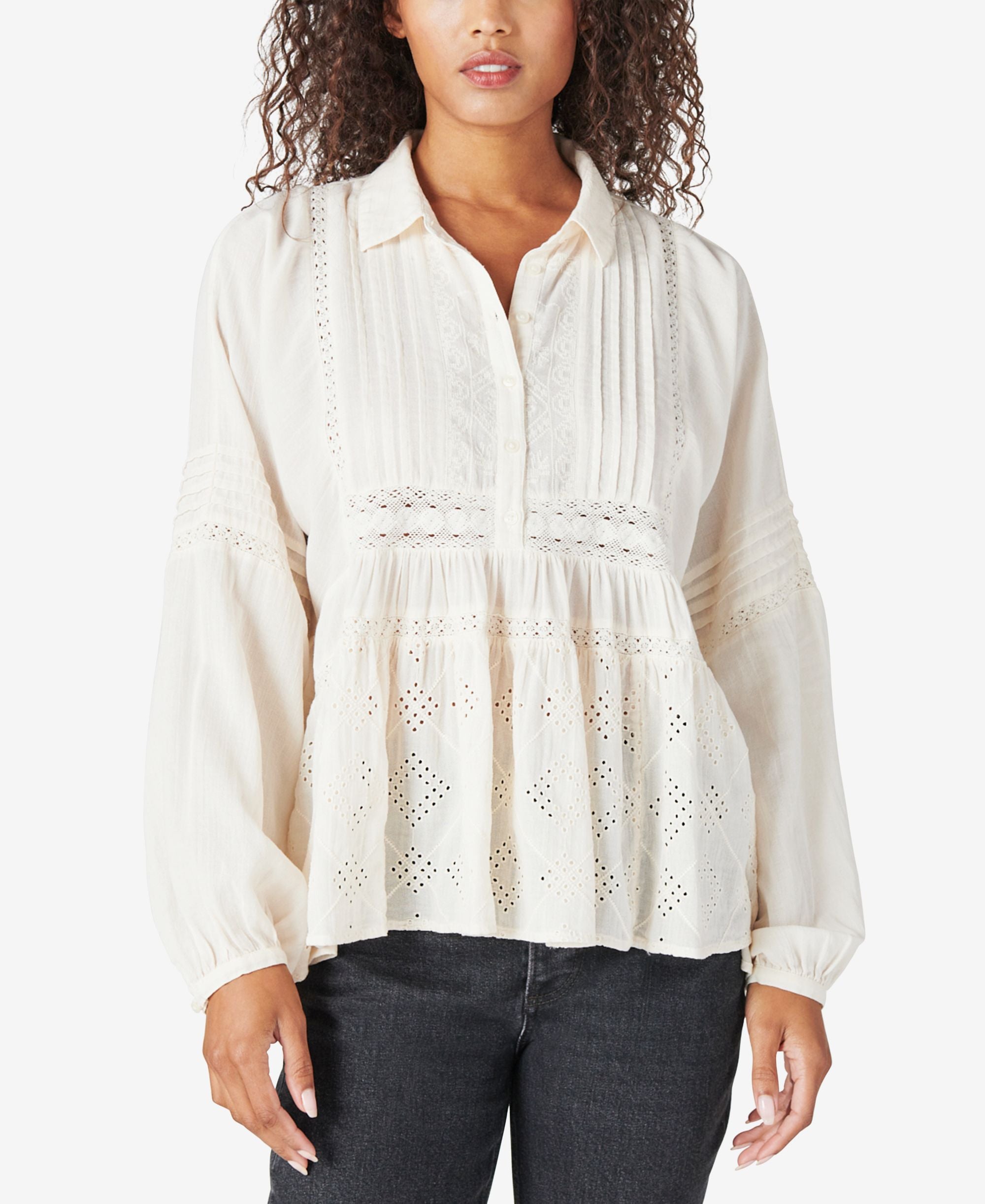 Lucky Brand Embroidered Long Sleeve Popover Top