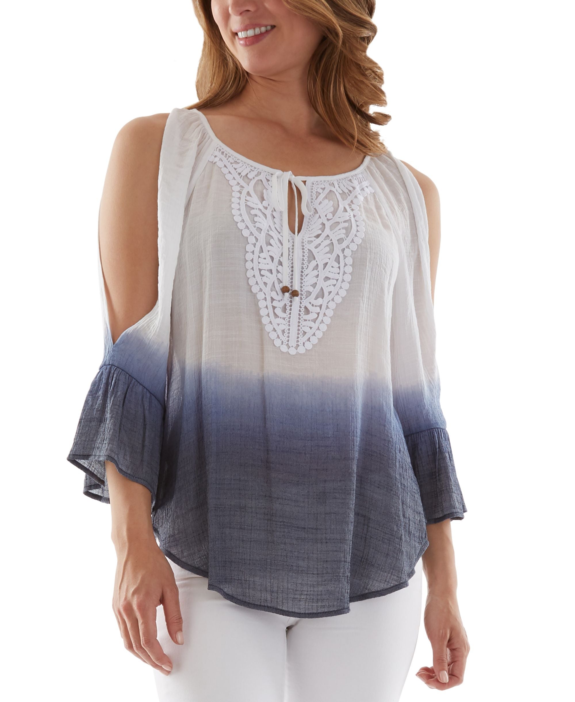 Juniors' Dip-Dyed Cold-Shoulder Peasant Blouse