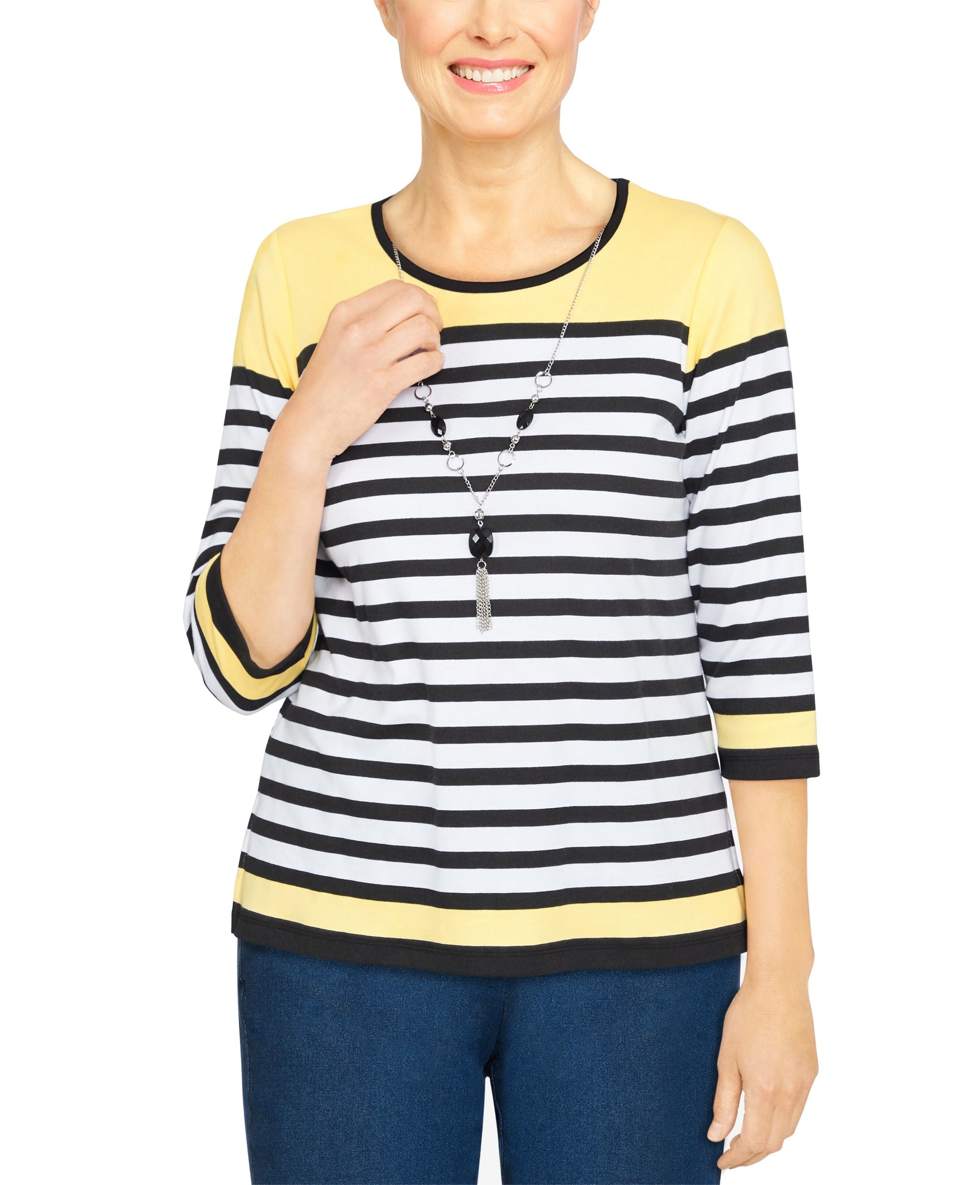 Alfred Dunner Petite Southern Charm Striped Necklace Top