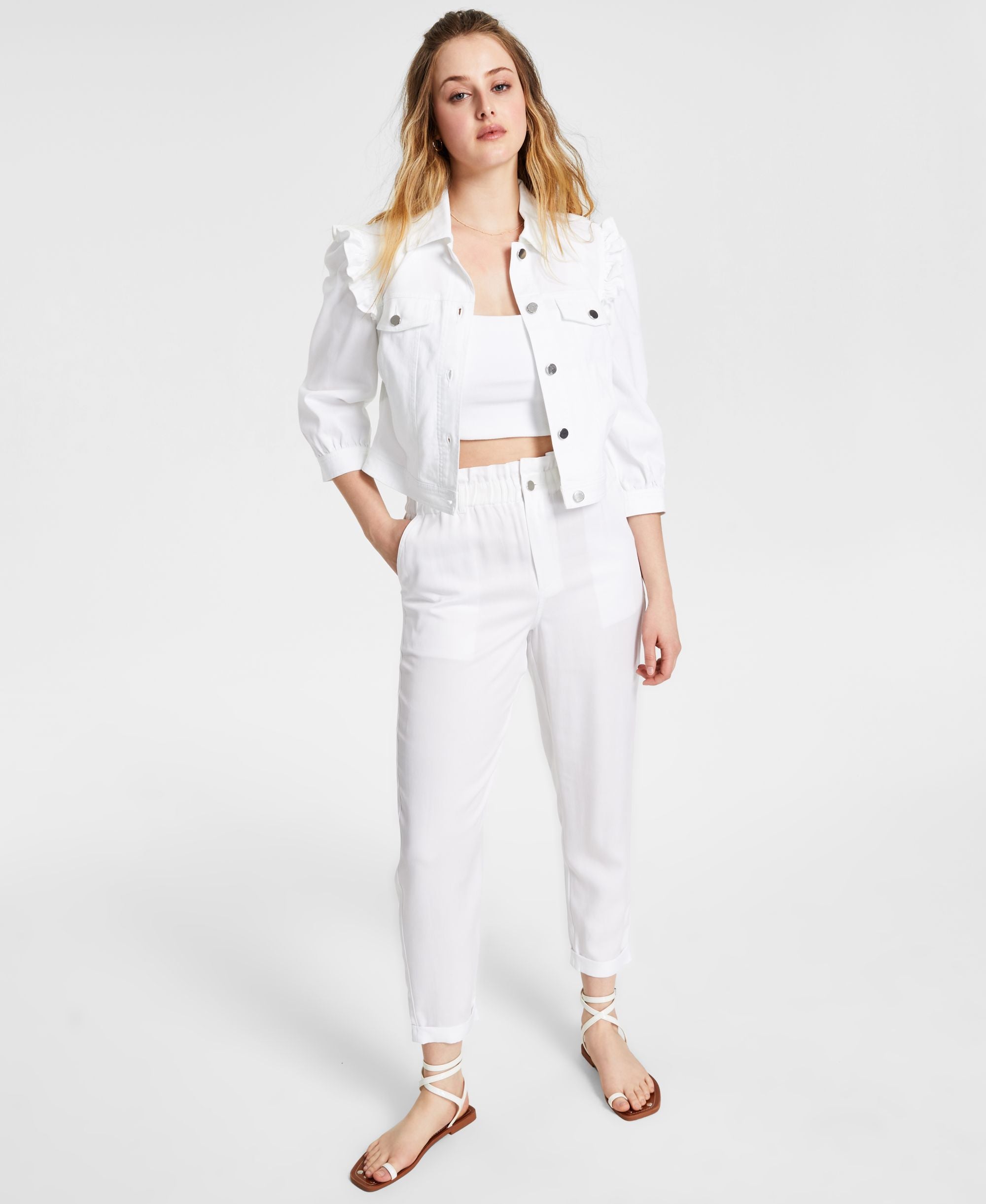 Bar III Petite Ruffled Cropped Denim Jacket