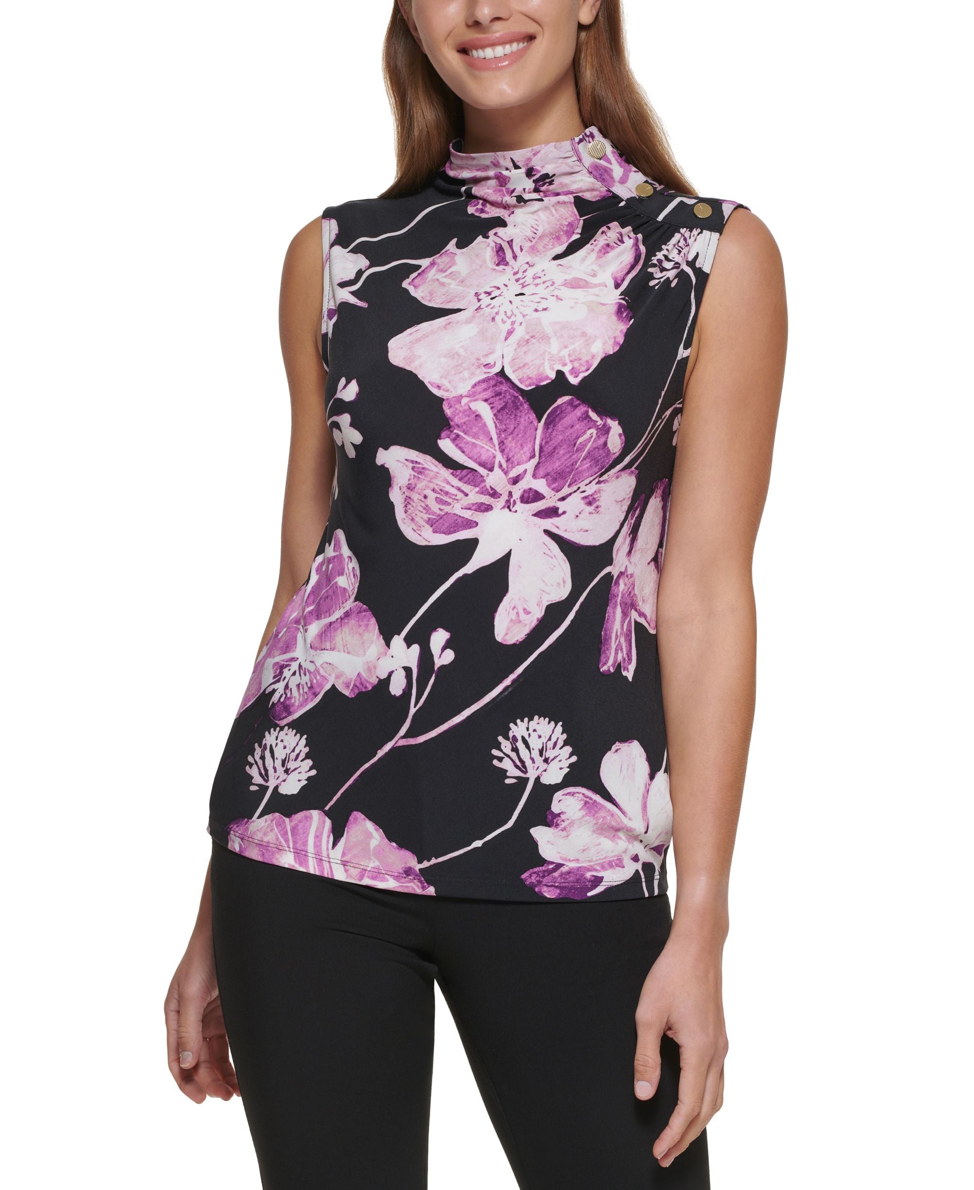 DKNY Petite Button Shoulder Top