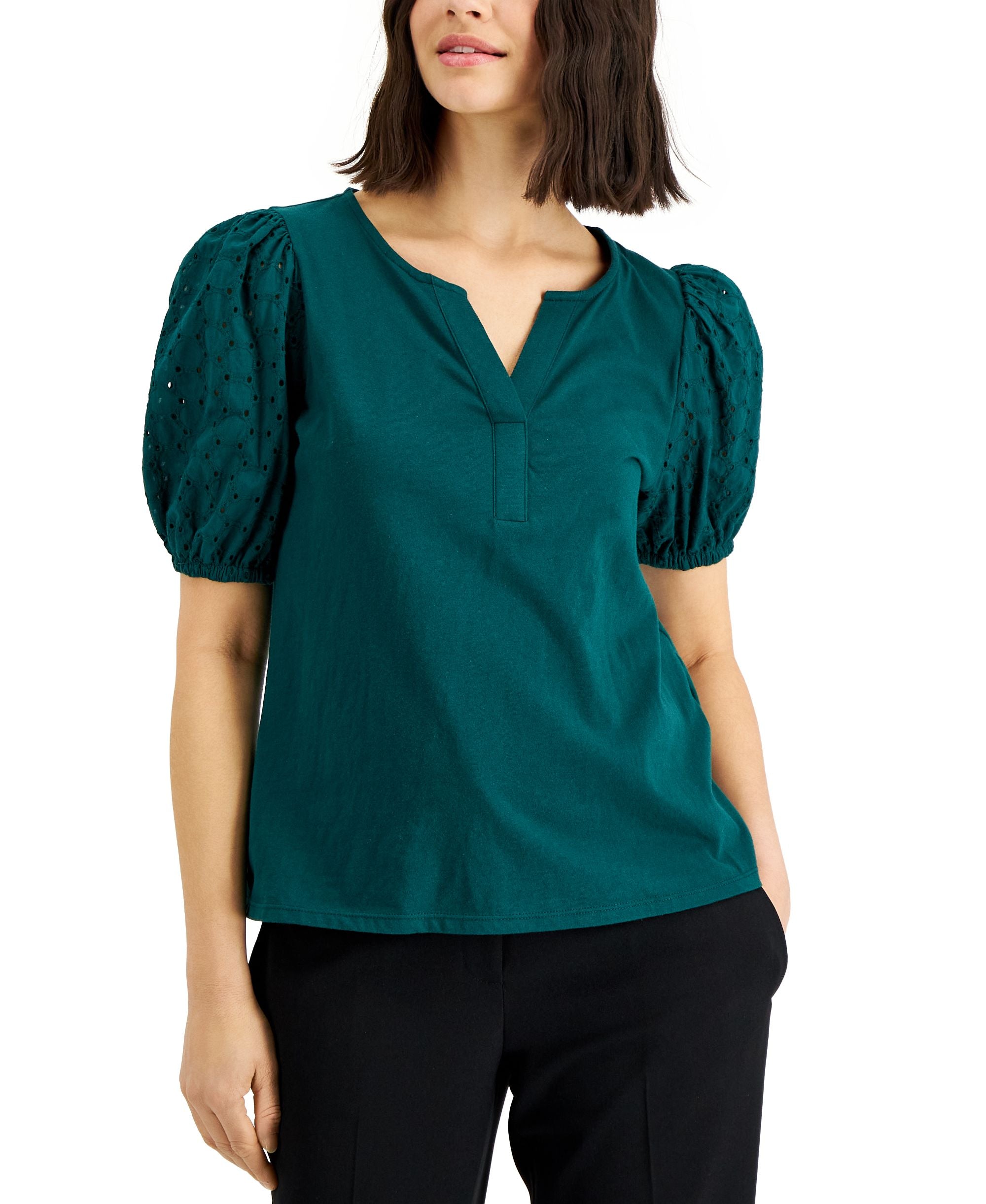 Alfani Petite Eyelet Puff Sleeve Top