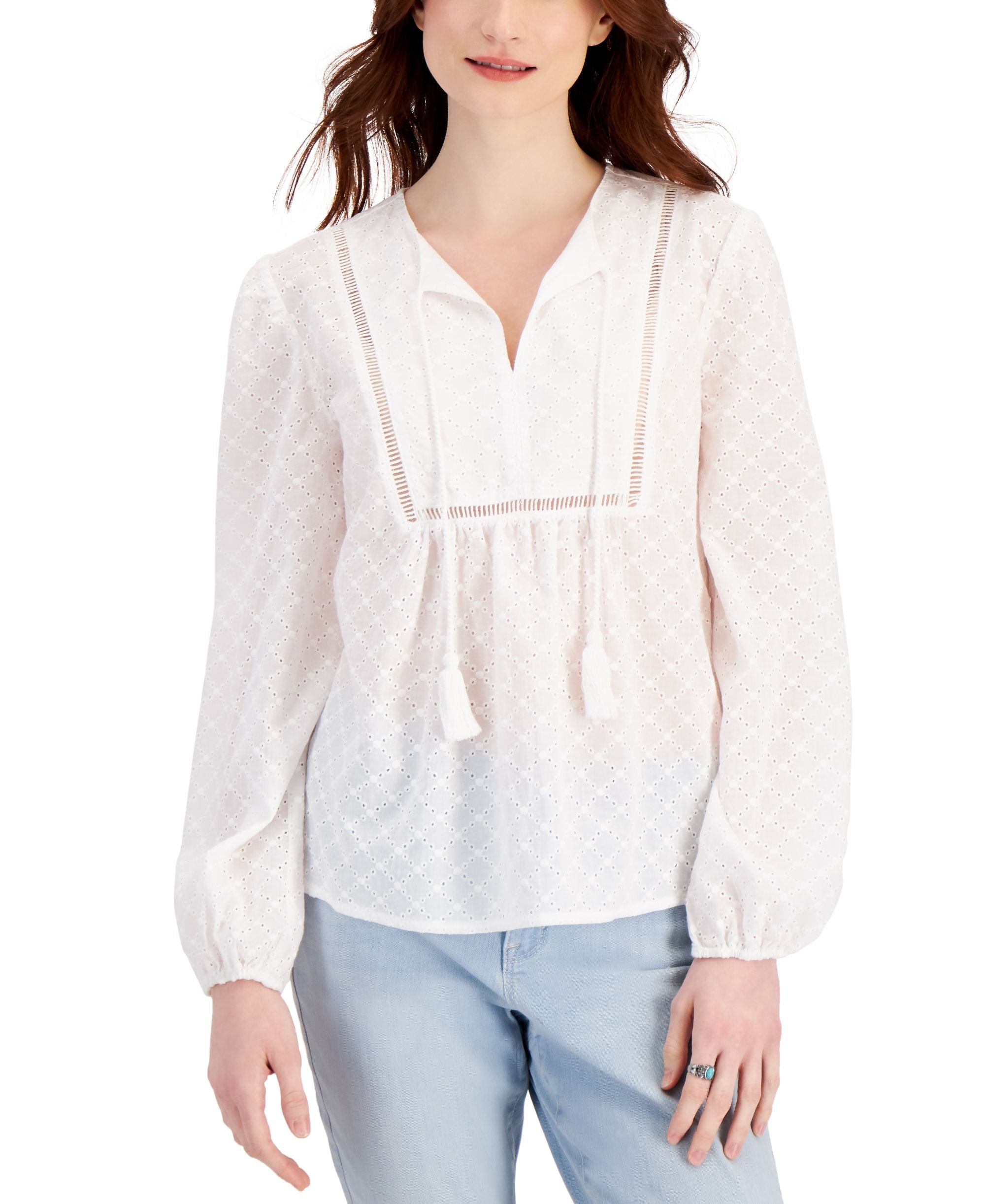 Style & Co Womens Cotton Eyelet Embroidered Ladder Trim Top