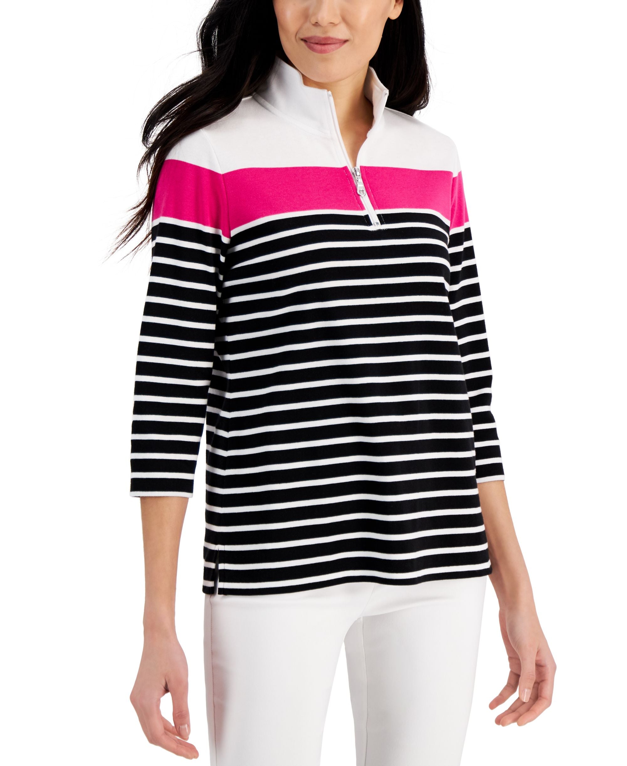 Karen Scott Striped Quarter Zip 3/4 Sleeve Top