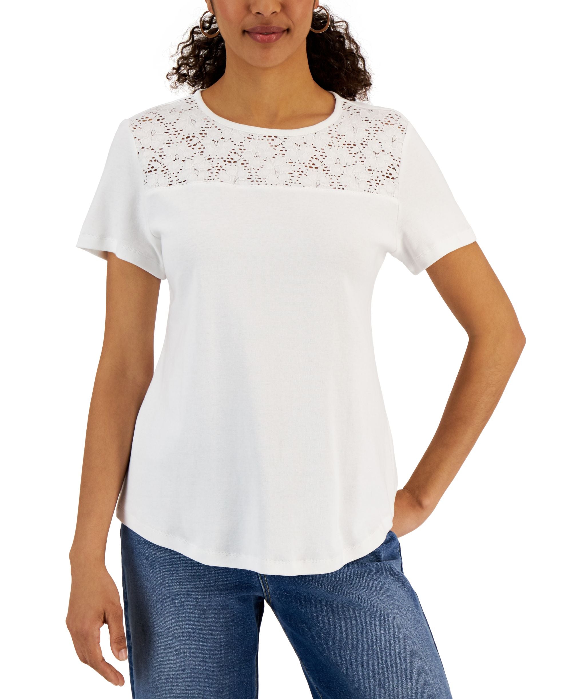 Karen Scott Short Sleeve Crocheted Yoke Top