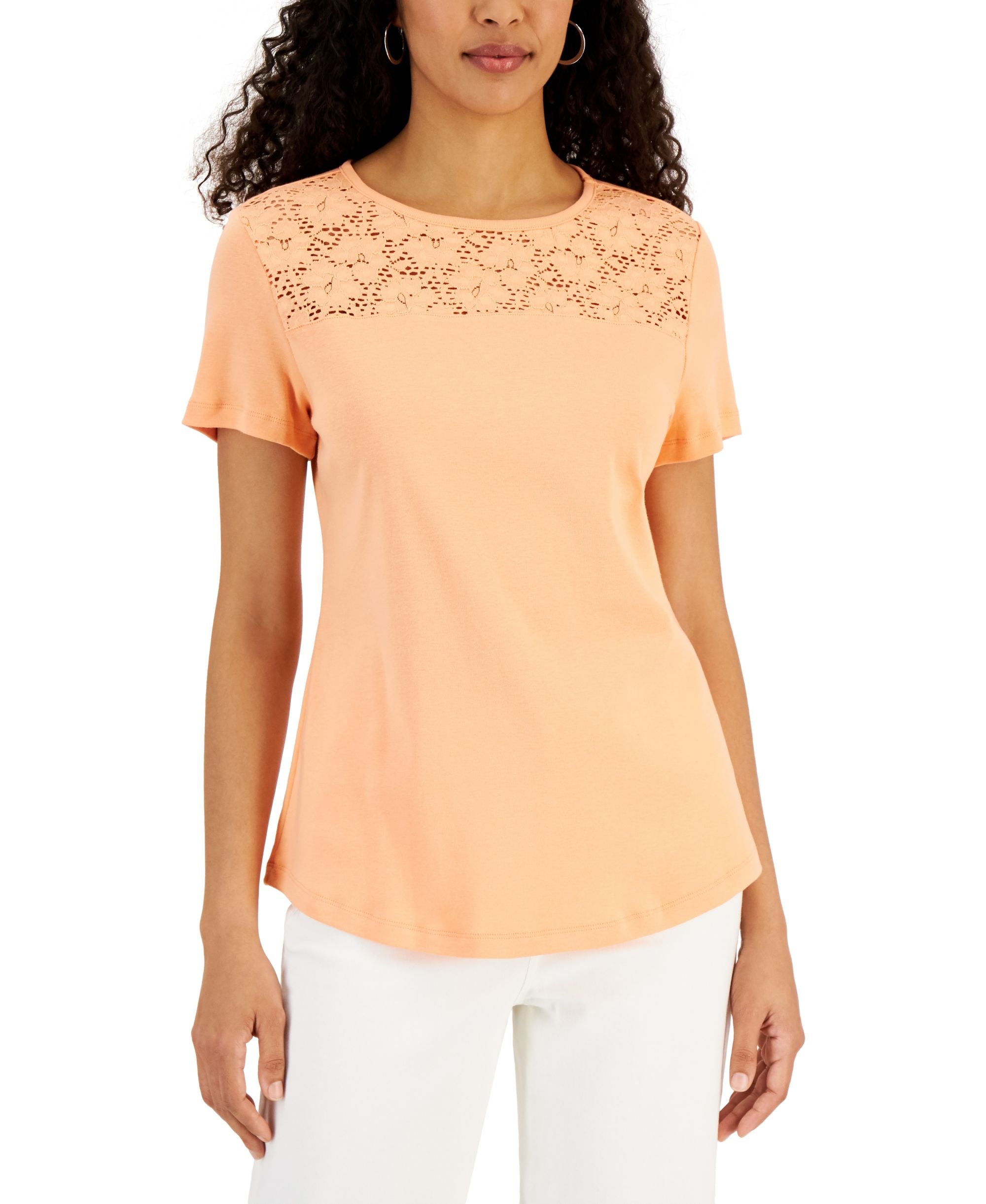 Karen Scott Short Sleeve Crocheted Yoke Top