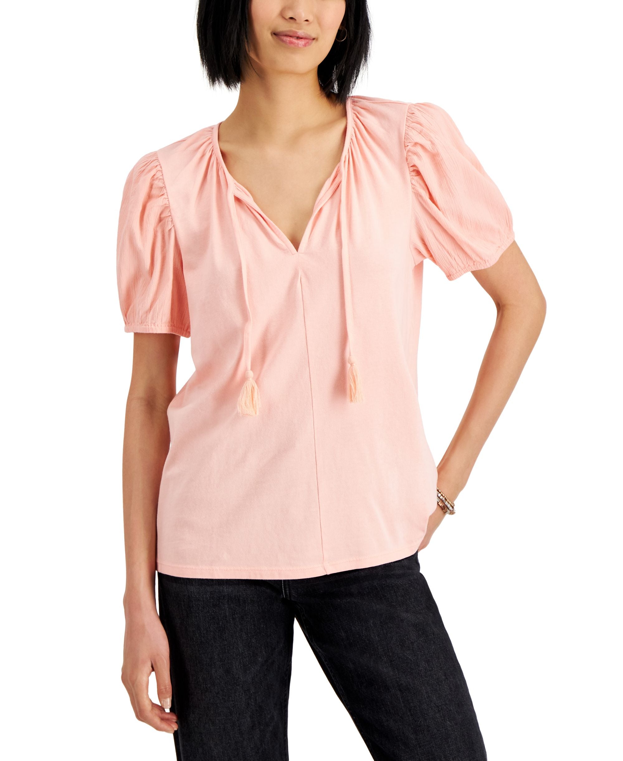 Style & Co Womens Textured Sleeve Tie Neck Top