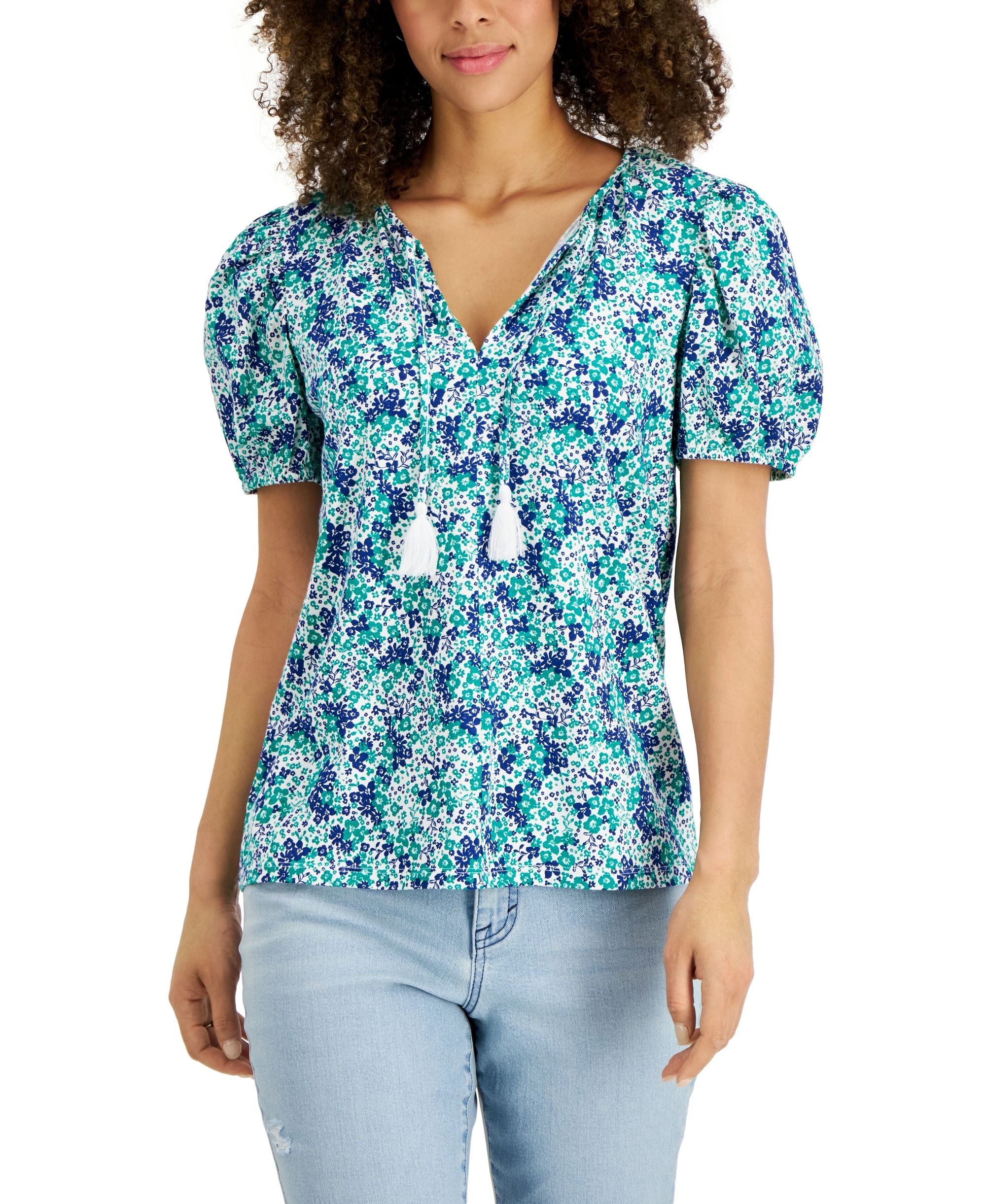 Style & Co Womens Printed Puff Sleeve Tie Neck Top