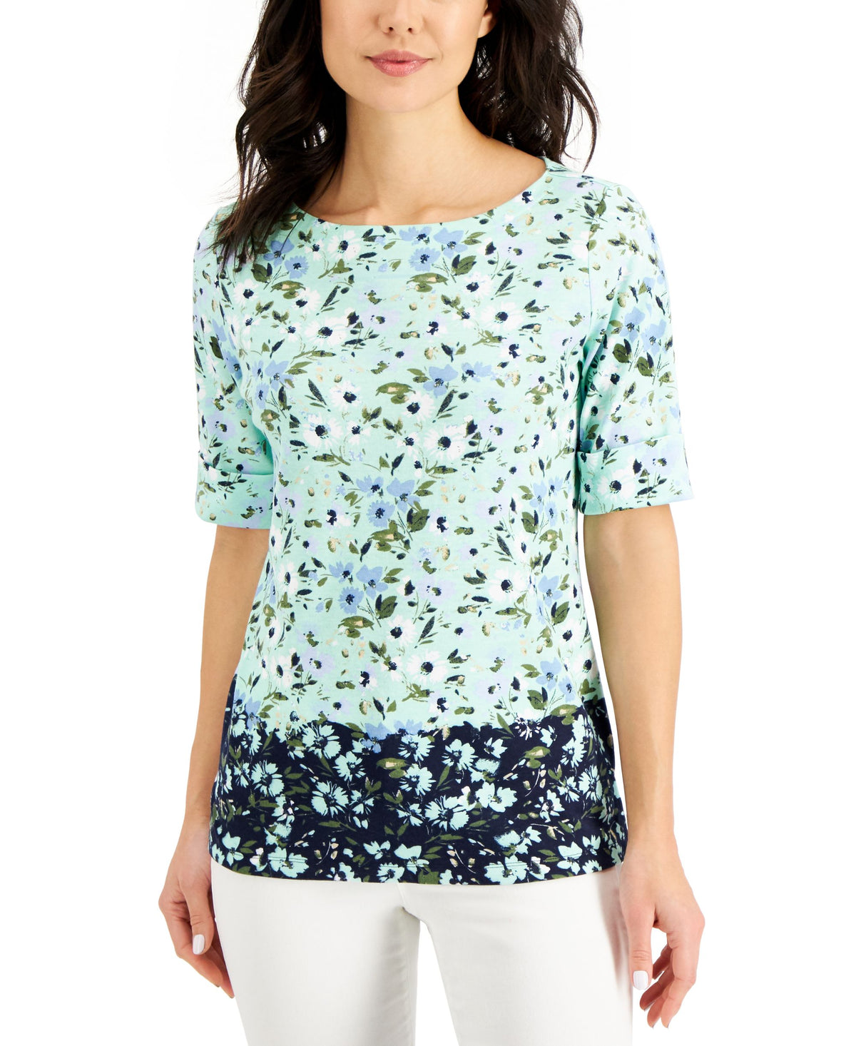 Karen Scott Petite Ditsy Floral Colorblocked Top
