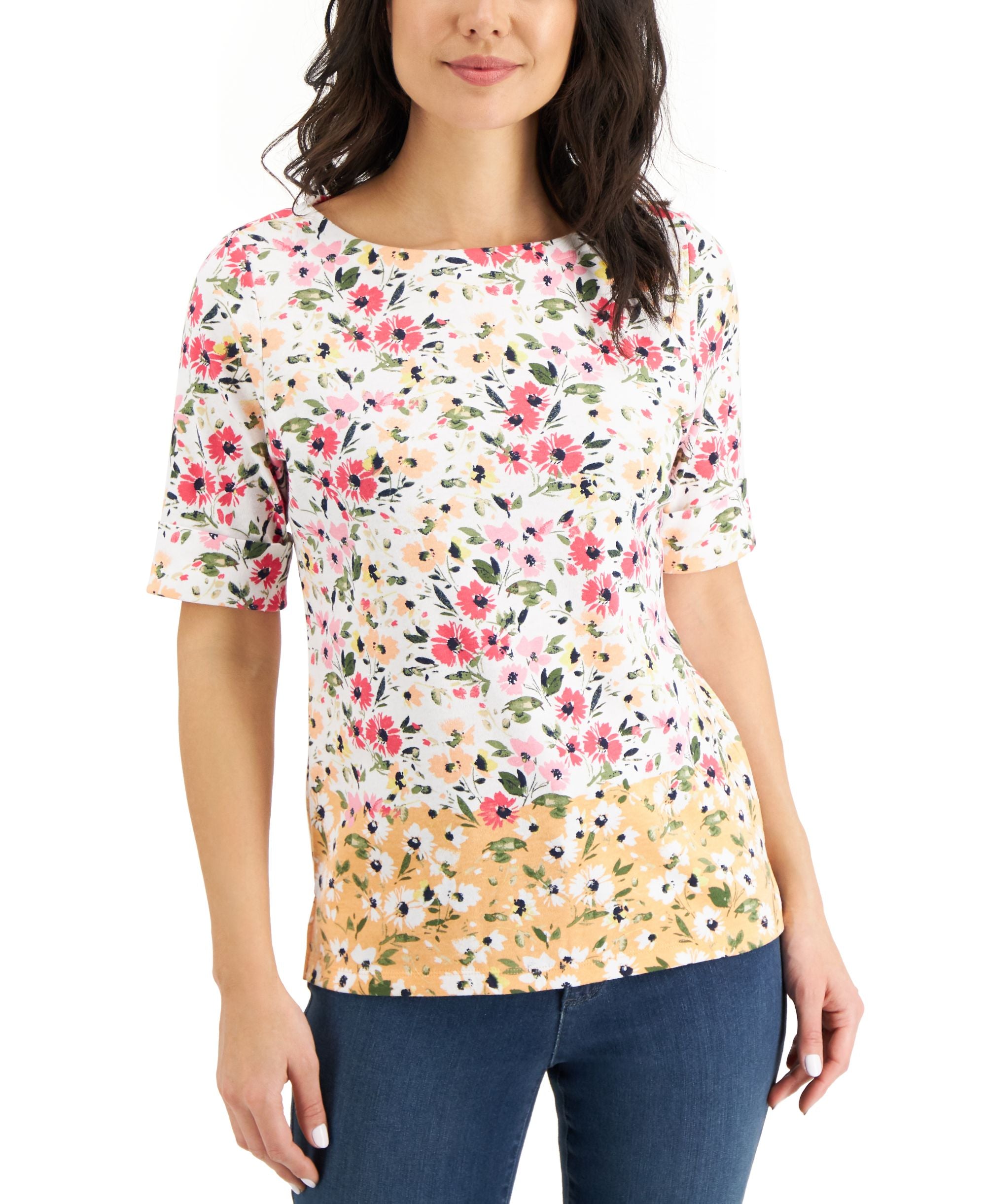 Karen Scott Ditsy Floral Colorblocked Top
