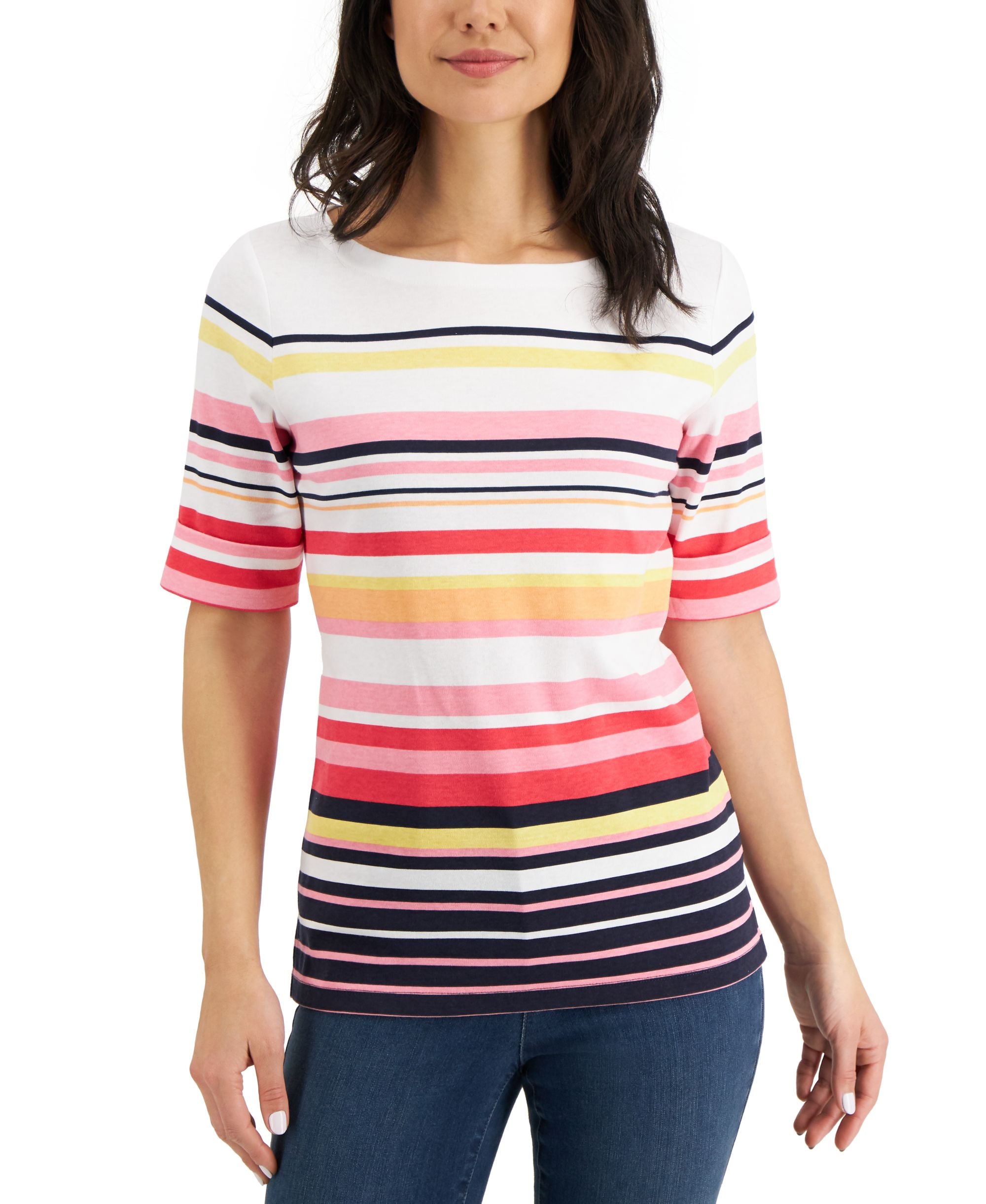 Karen Scott Striped Reese Boat Neck Short Sleeve Top