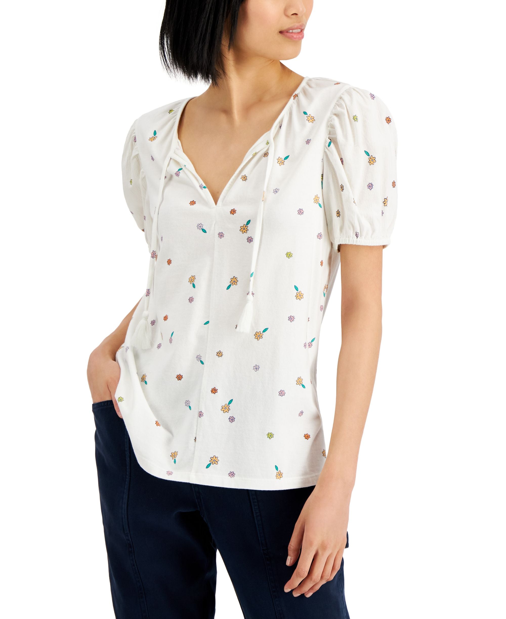 Style & Co Womens Printed Puff Sleeve Tie Neck Top