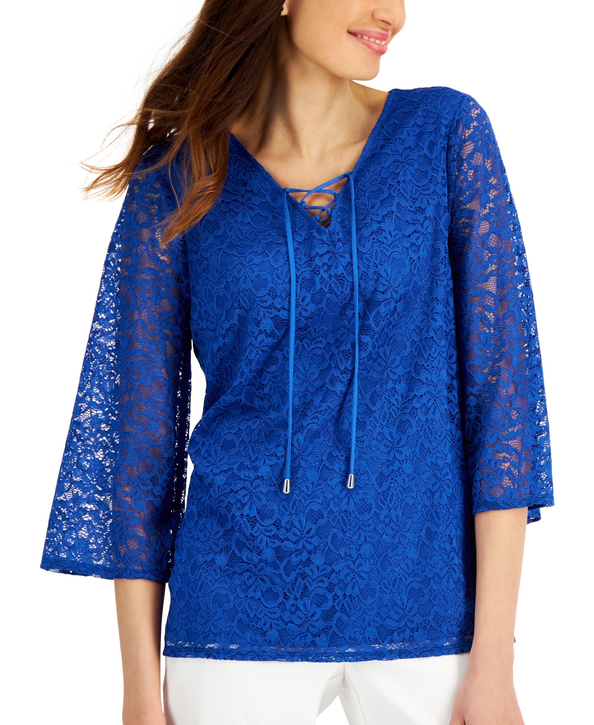 JM Collection Womens Lace Up Lace Top