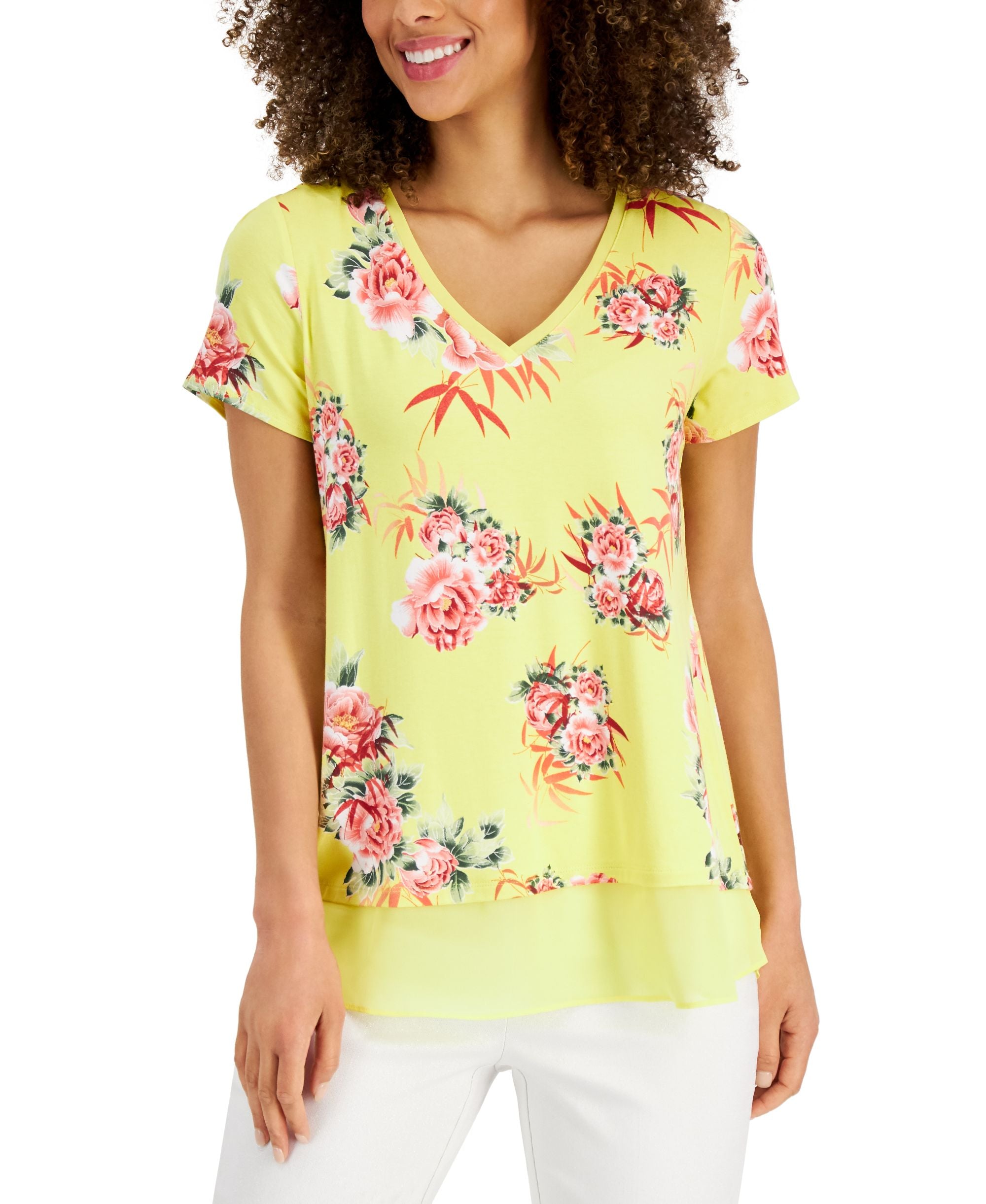 JM Collection Womens V-Neck Short Sleeve Floral Layered-Look Top