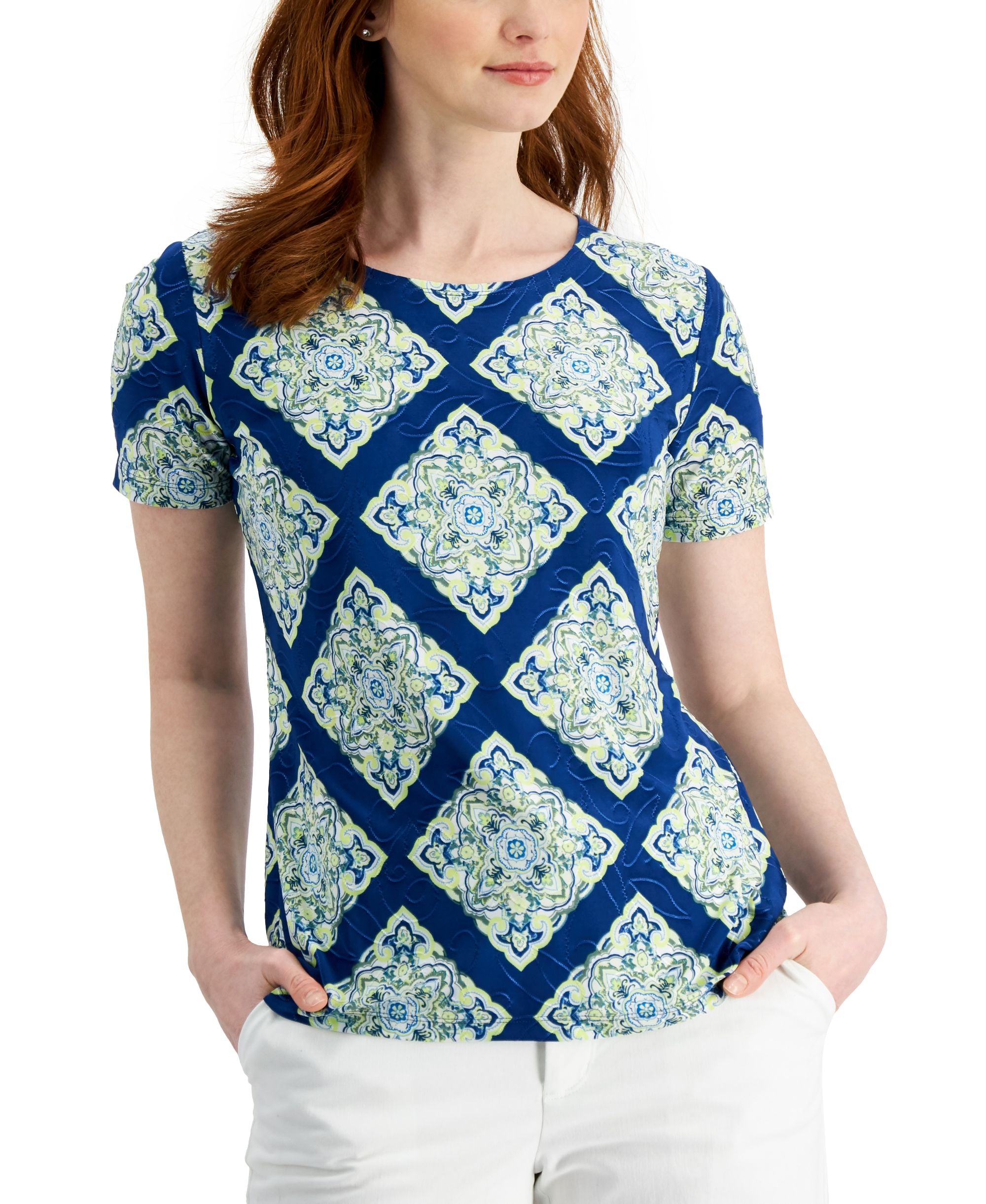JM Collection Womens Printed Jacquard Top