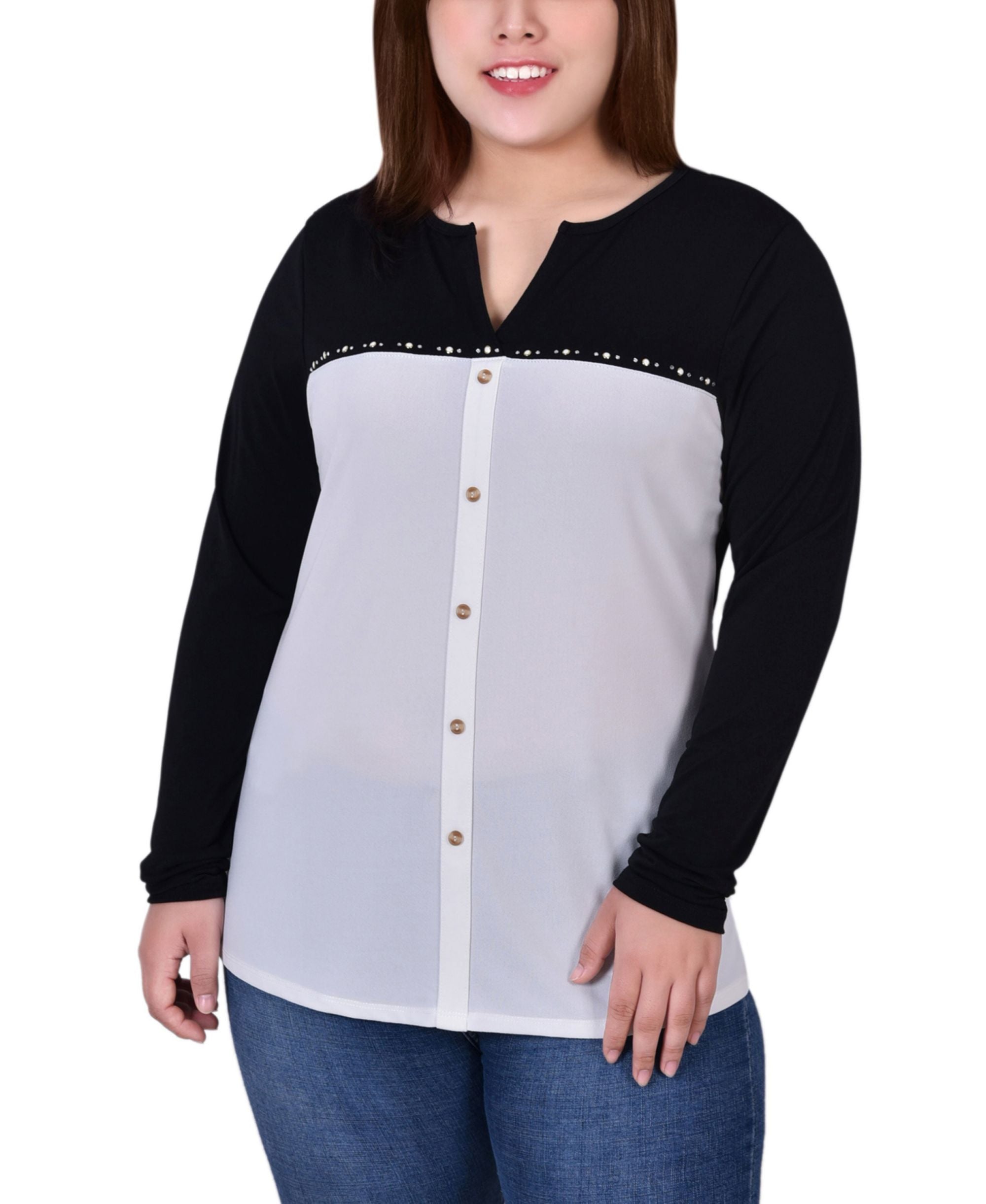 Plus Size Long Sleeve Studded Colorblocked Split Neck Top