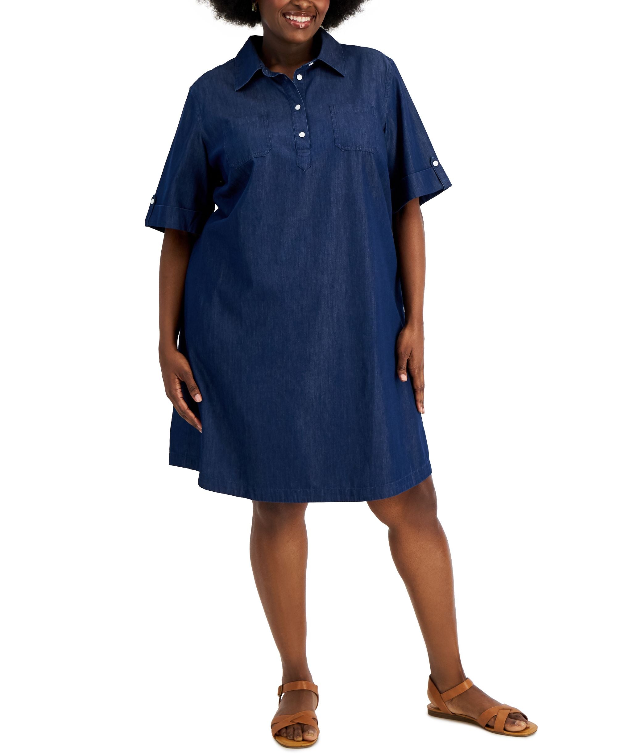 Karen Scott Plus Size Cotton Chambray Shirtdress