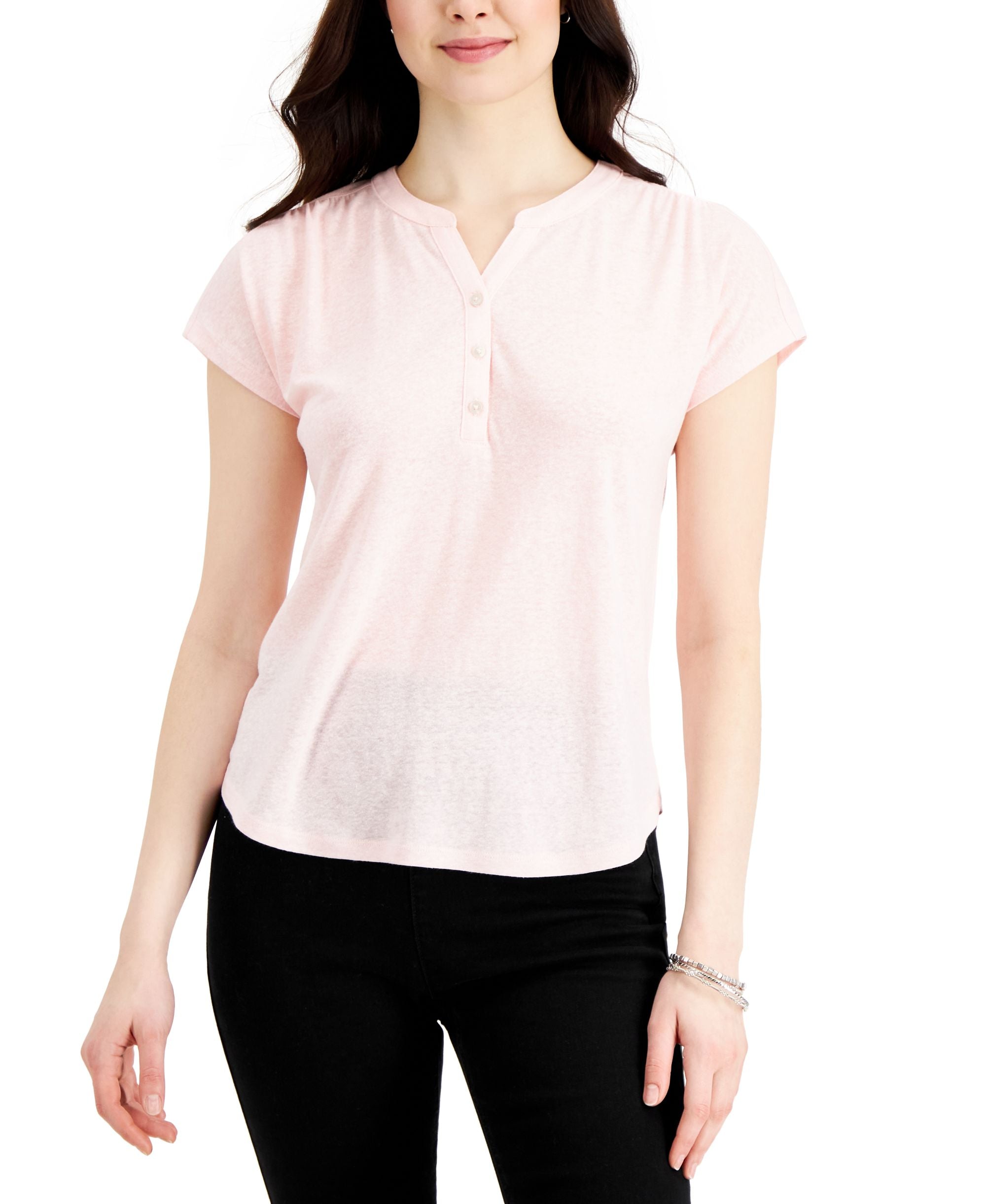 Style & Co Dolman Sleeve Henley Linen Blend Top