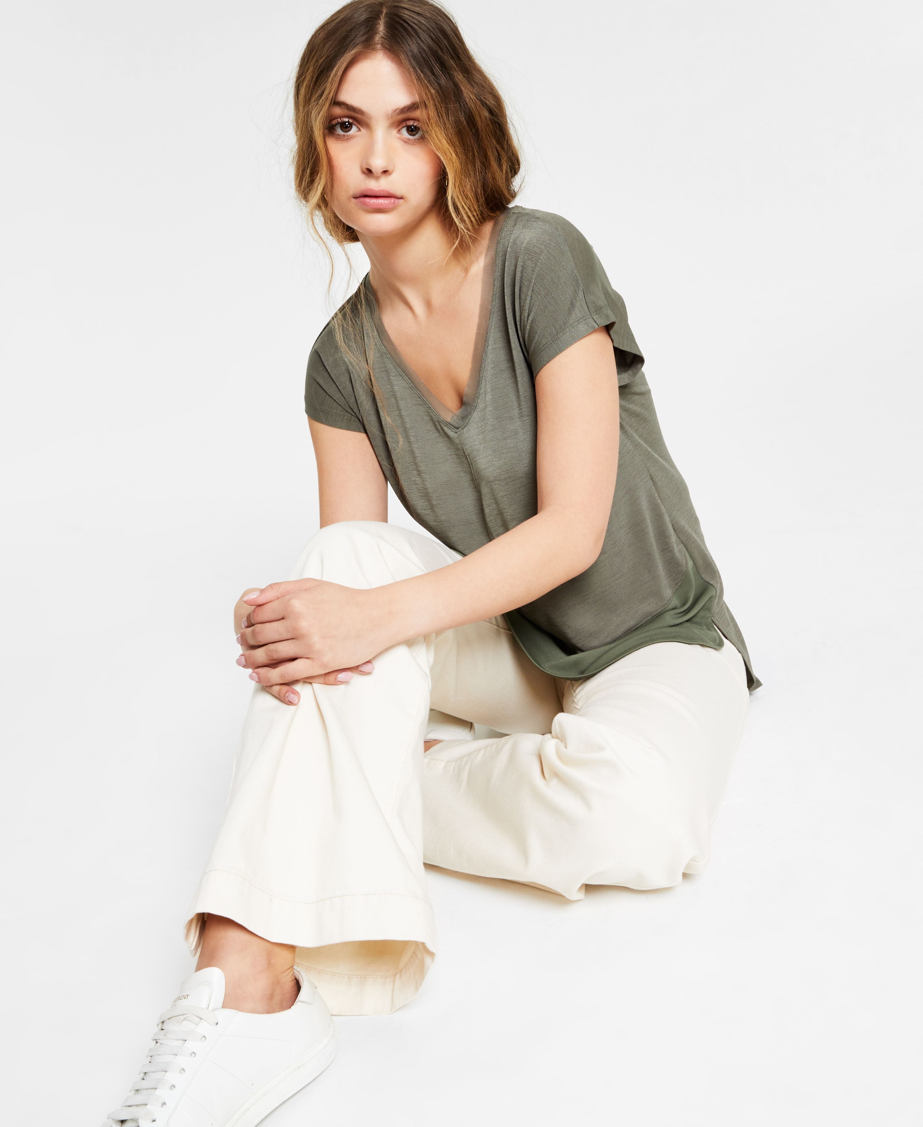 Petite V-Neck Mixed-Media Mesh Top