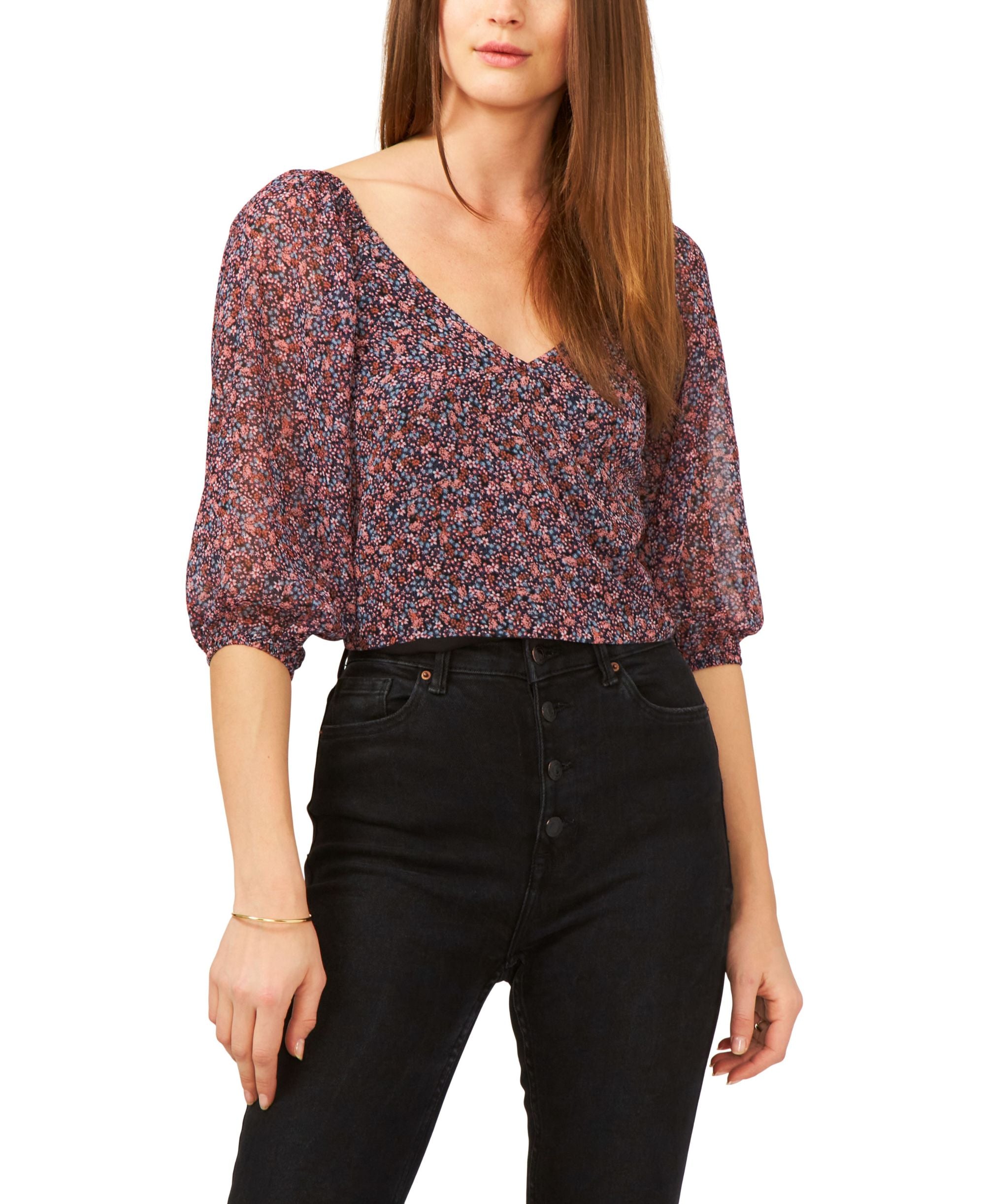 1.State Puff 3/4 Sleeve Cross Wrap Top