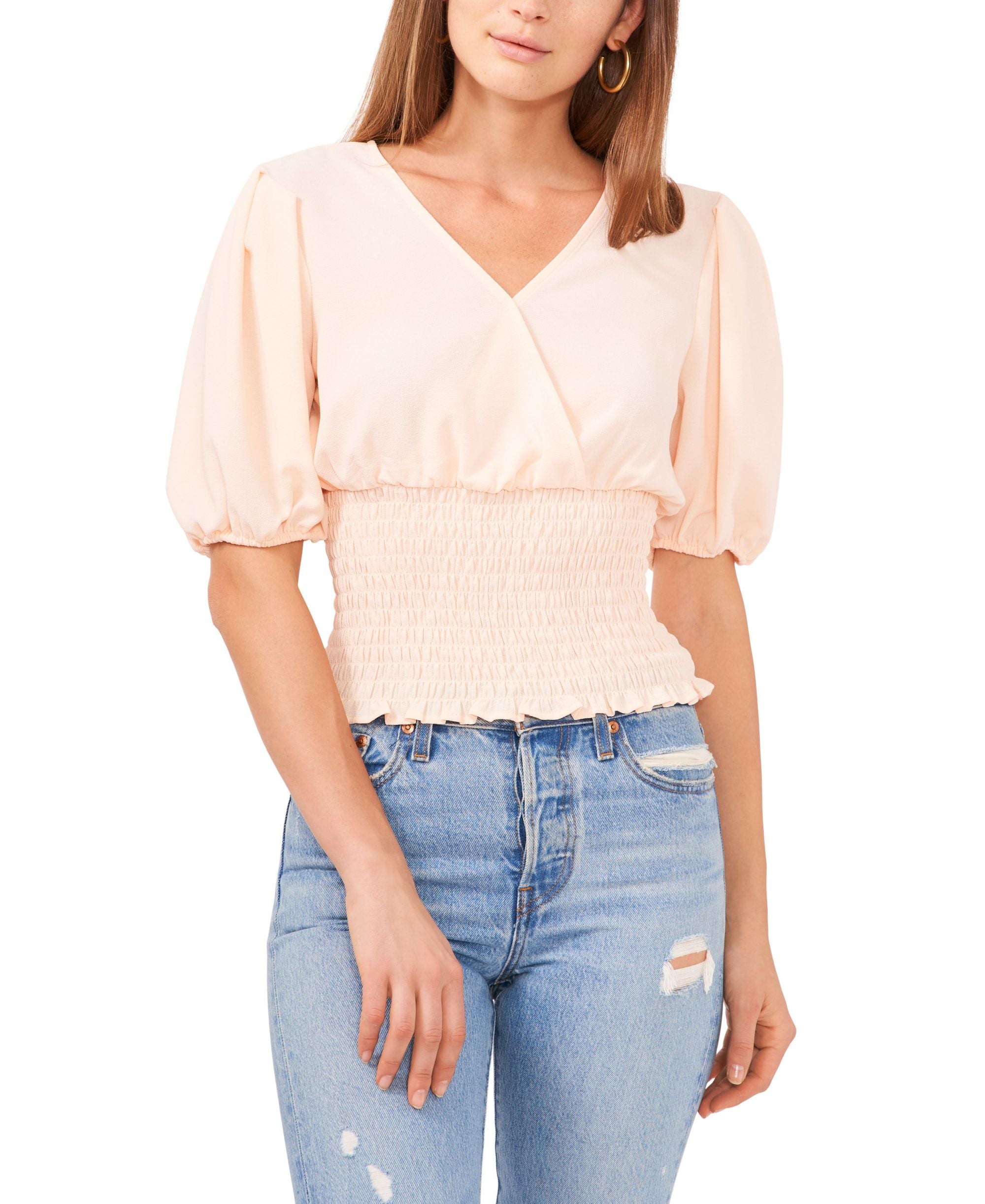 1.State Womens V Neck Smocked Waist Top