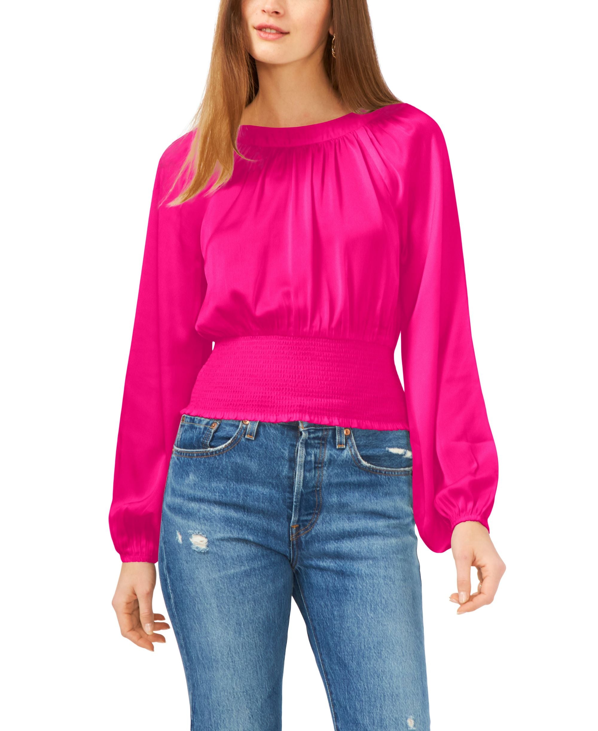 1.State Long Sleeve Raglan Smocked Waist Top
