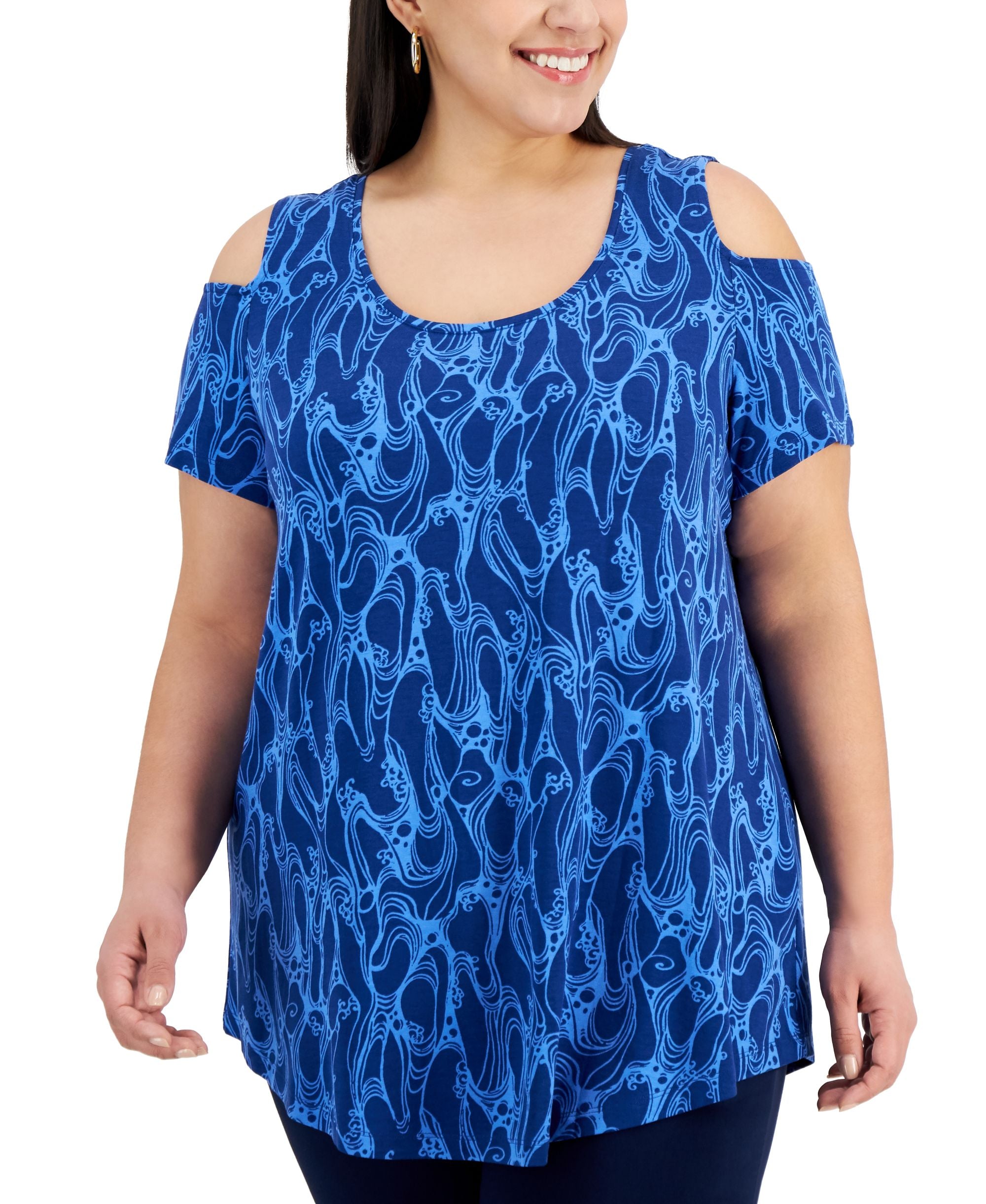 JM Collection Plus Size Printed Cold-Shoulder Top