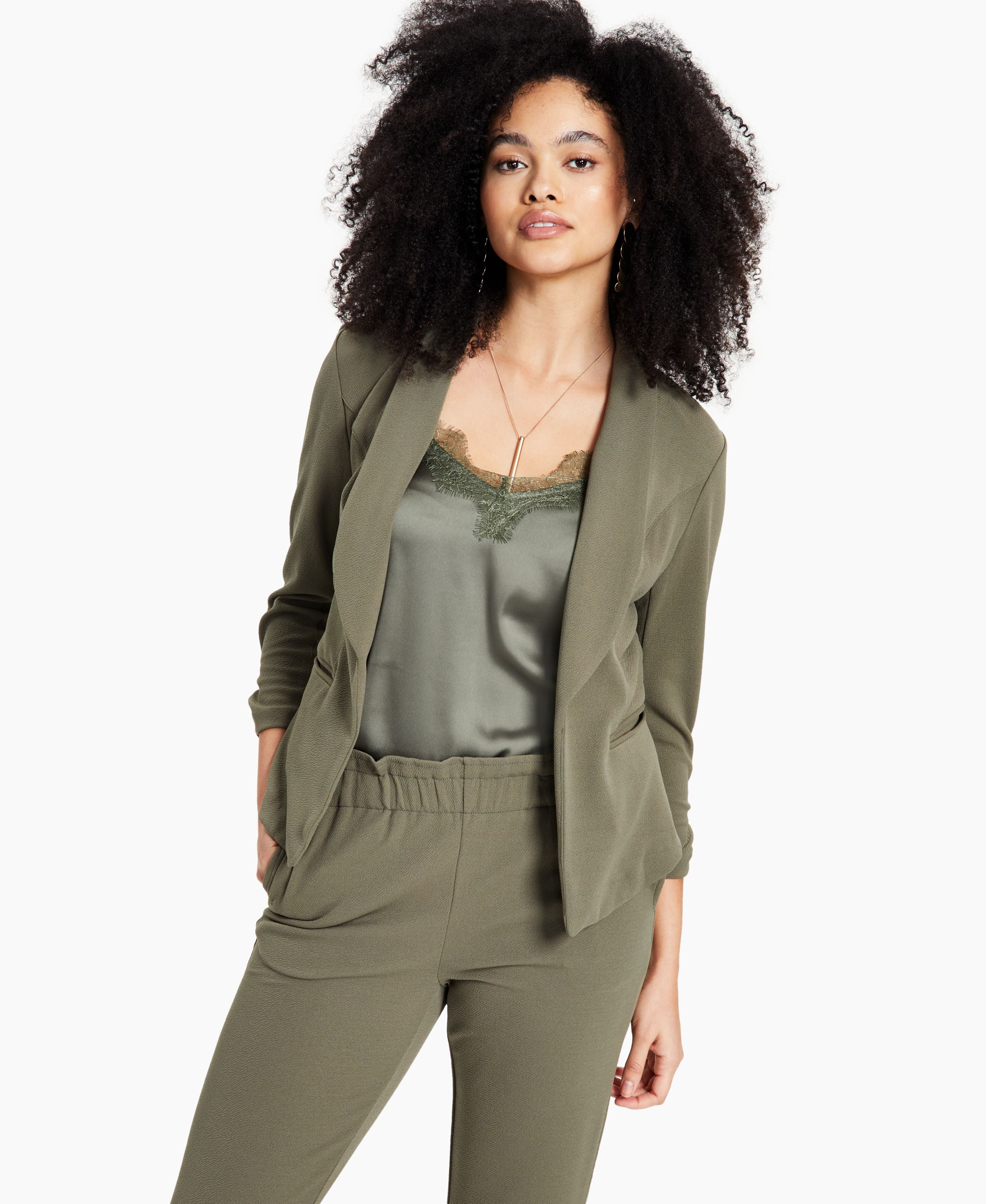 Knit-Crepe Ruched-Sleeve Blazer