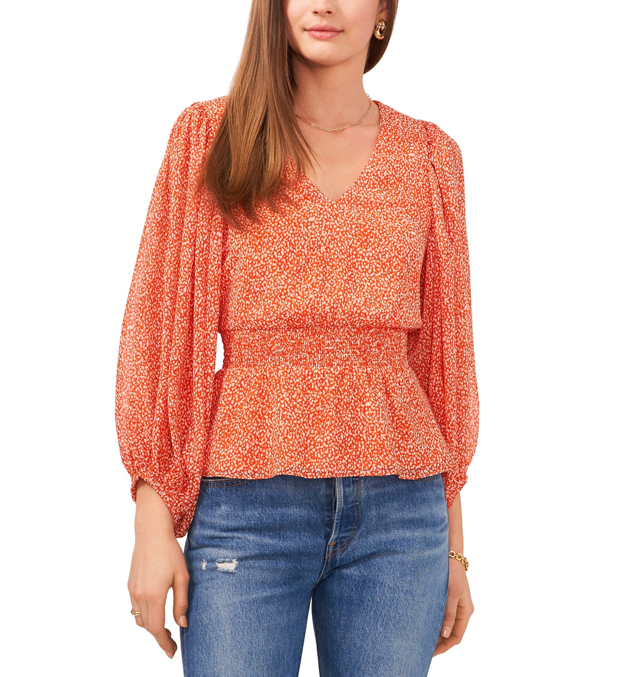 Sam Jess V Neck Floral Print Smocked Peplum Top
