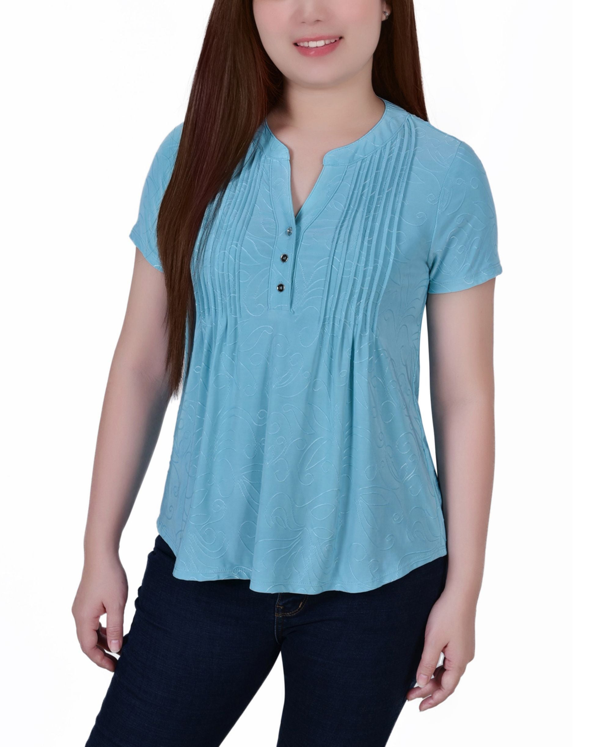 Petite Short Sleeve Y Neck Jacquard Knit Top