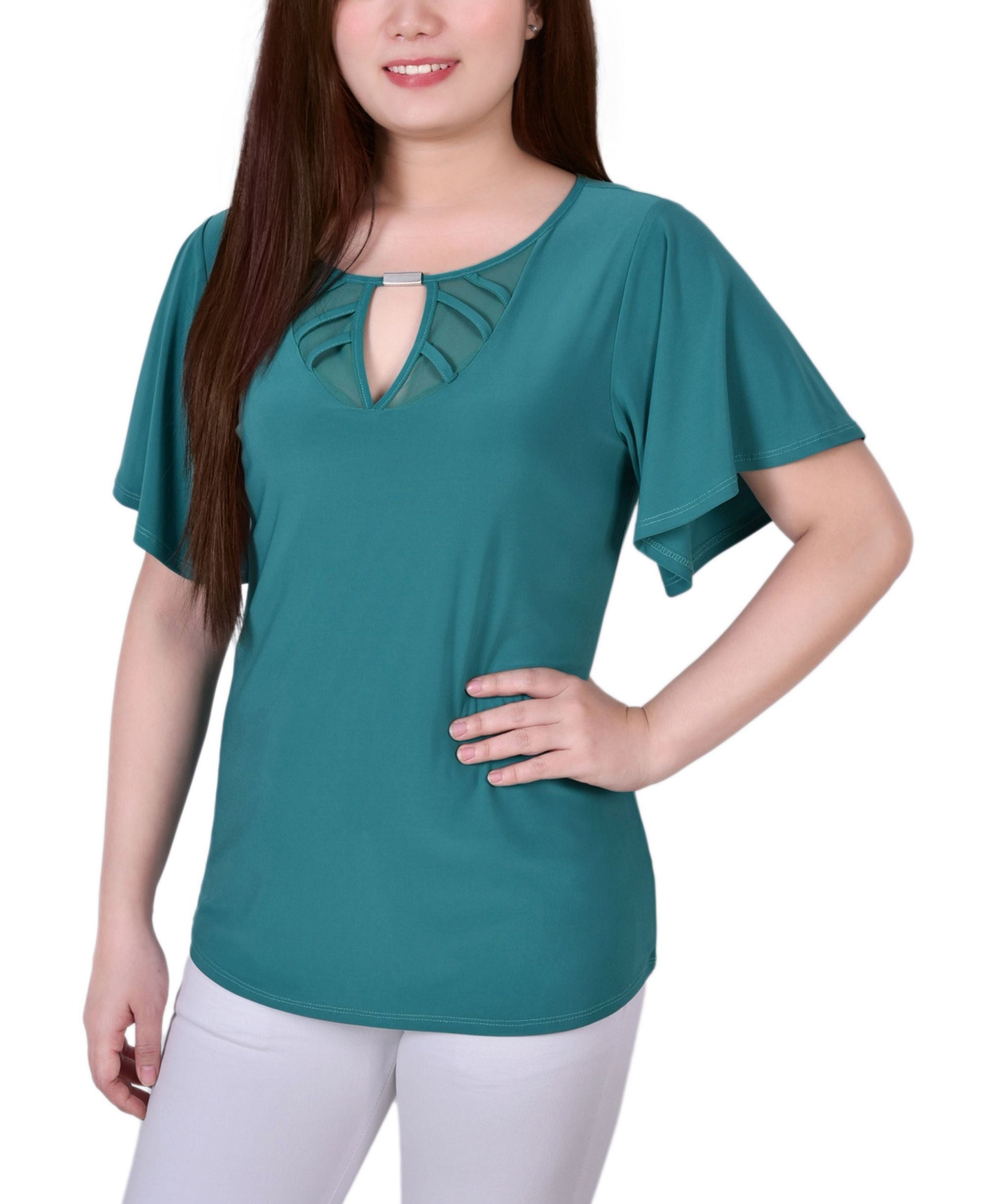 Petite Mesh Flutter Sleeve Knit Top