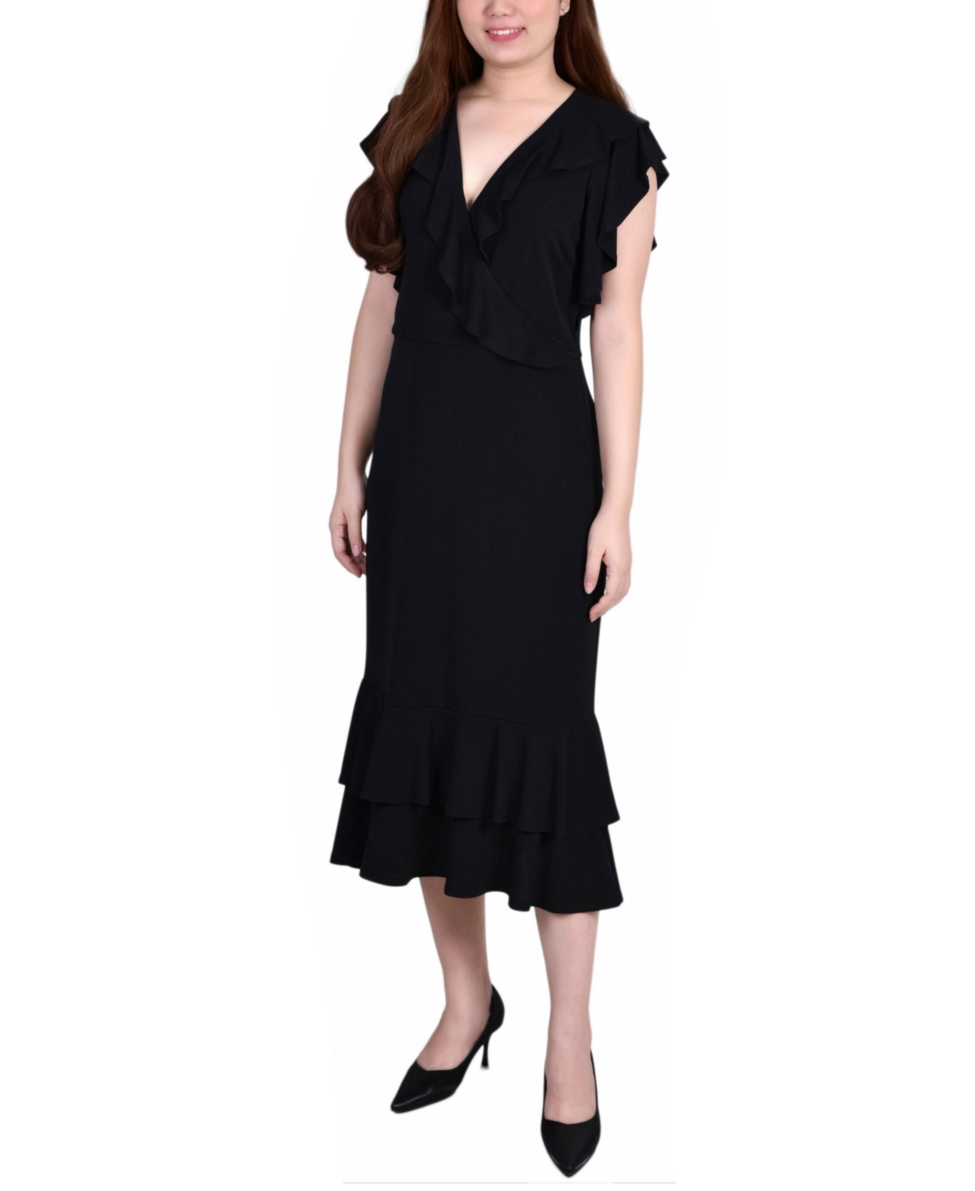 Petite Flutter Sleeve Ruffle Midi Dress