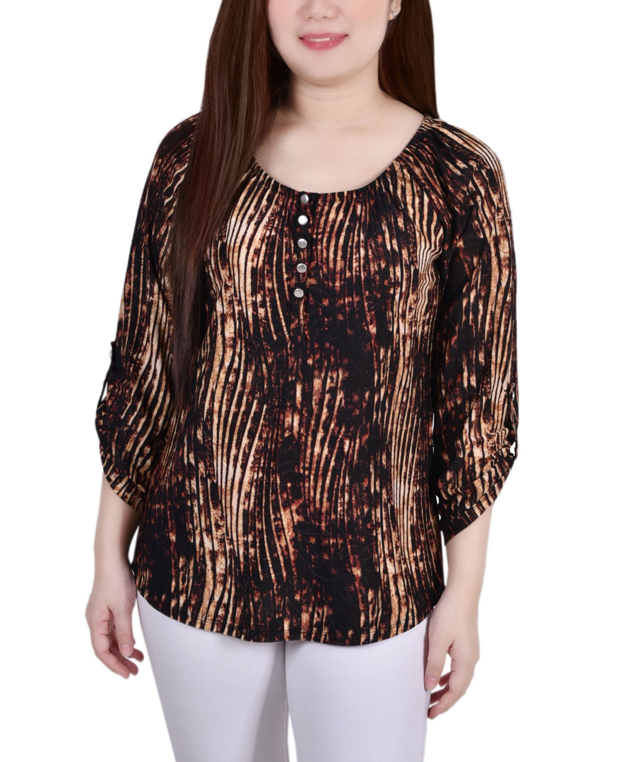 Petite 3/4 Push Tab Round Neck Henley Top