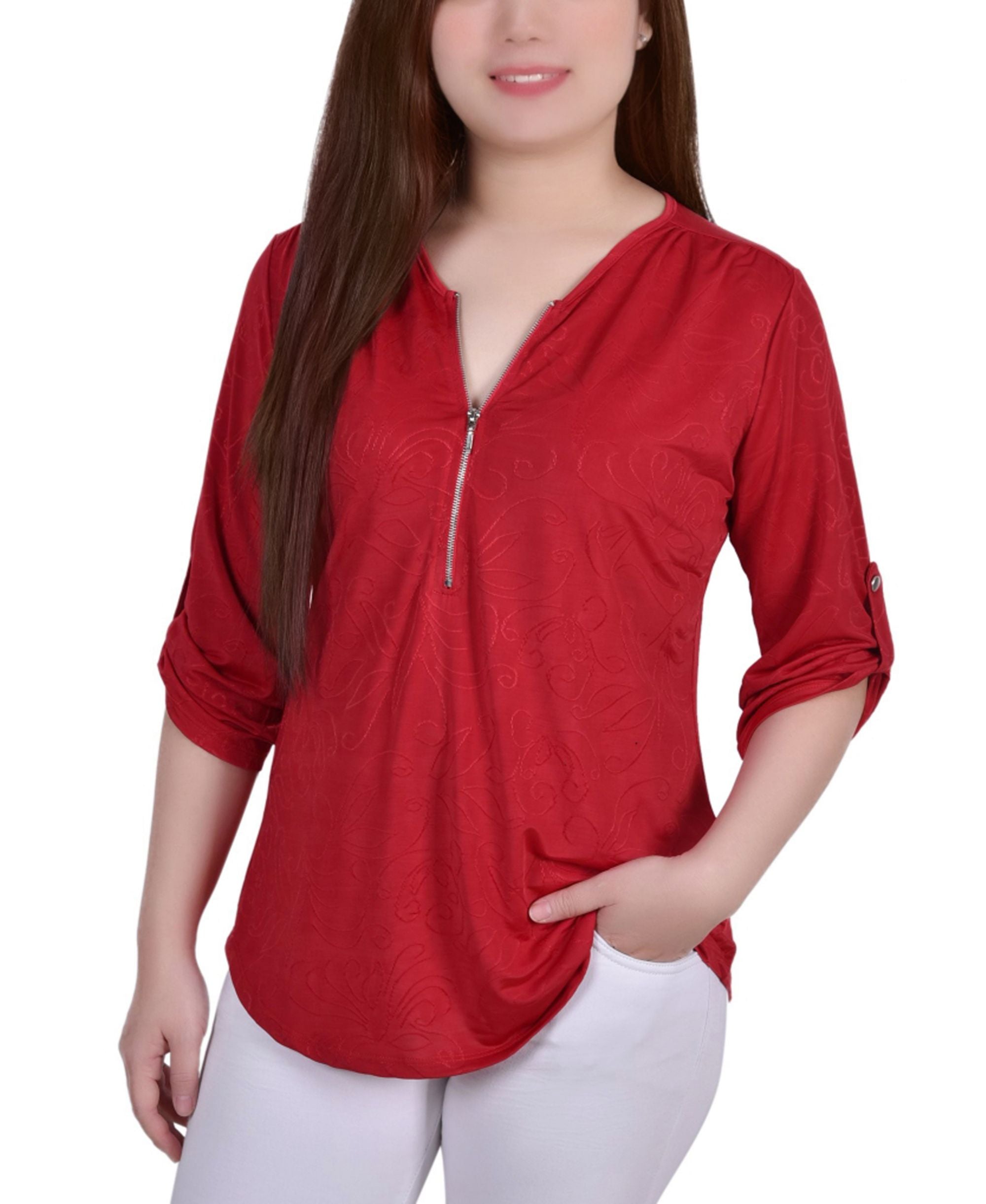 Petite 3/4 Roll Tab Zip Front Jacquard Knit Top
