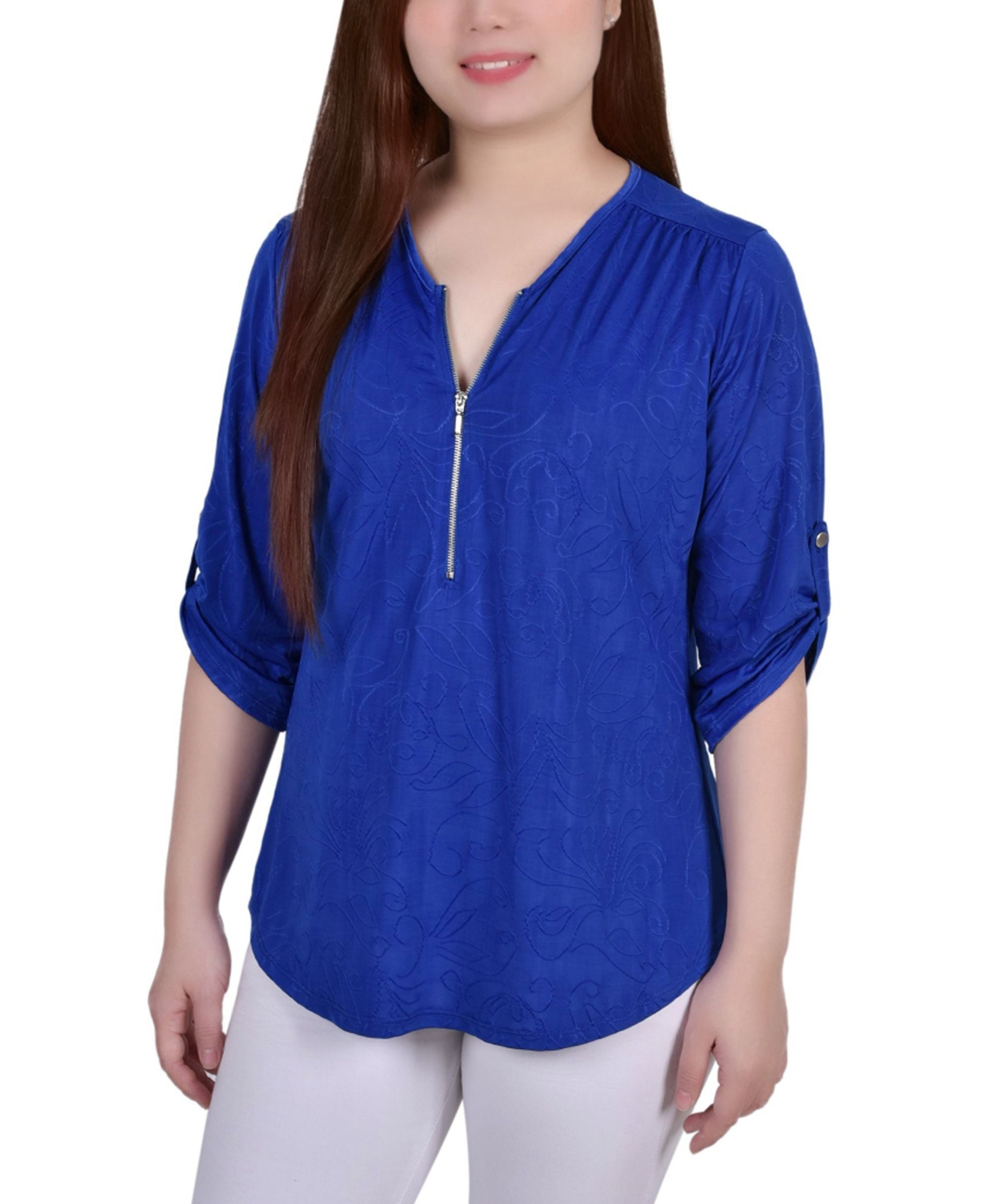 Petite 3/4 Roll Tab Zip Front Jacquard Knit Top