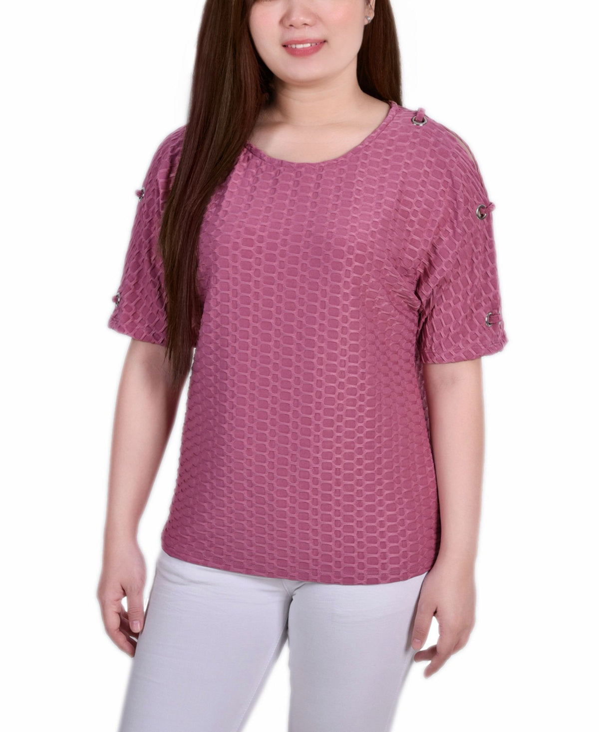 Petite Short Sleeve Honeycomb Textured Grommet Top
