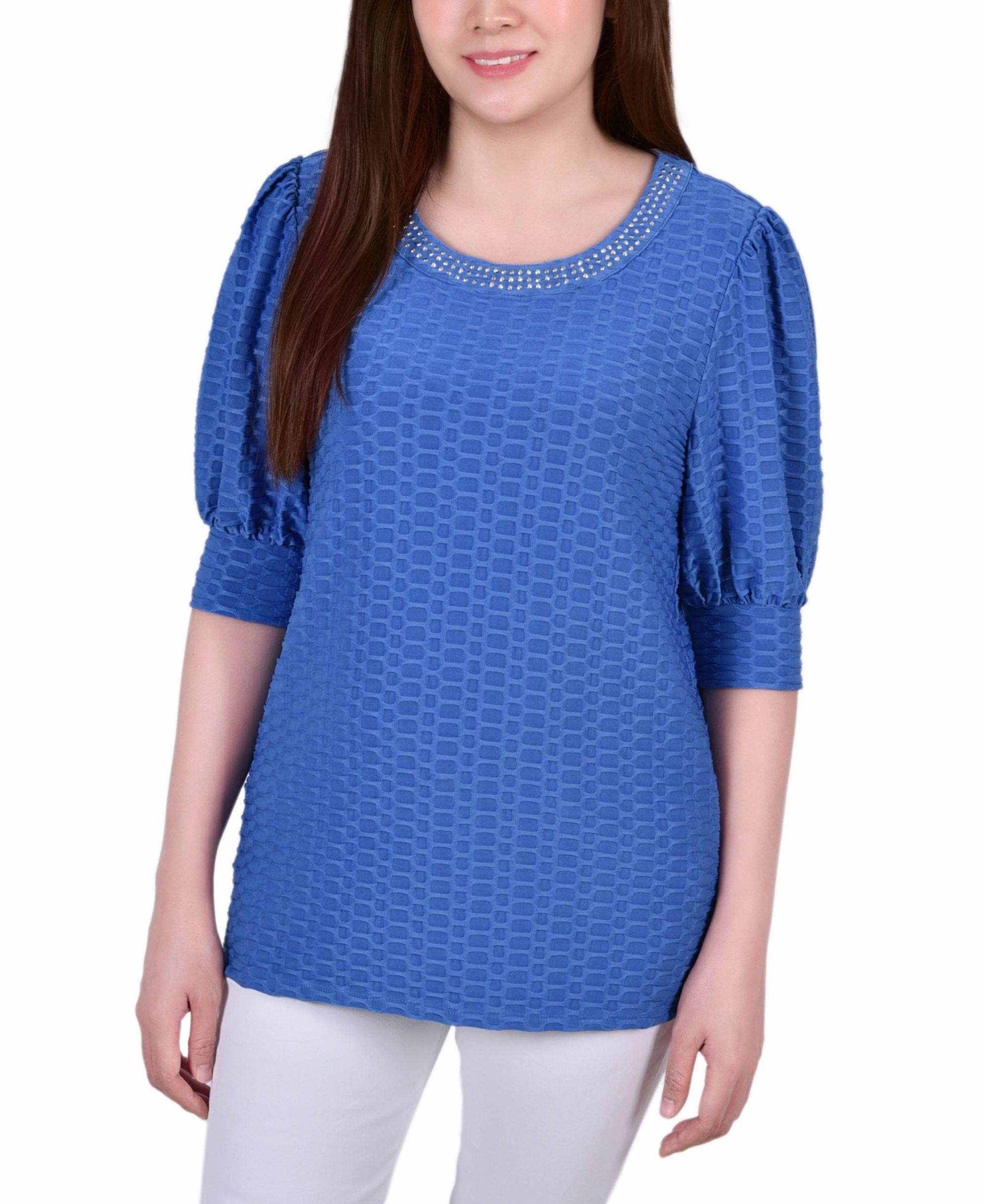 Petite Short Puff Sleeve Honeycomb Top