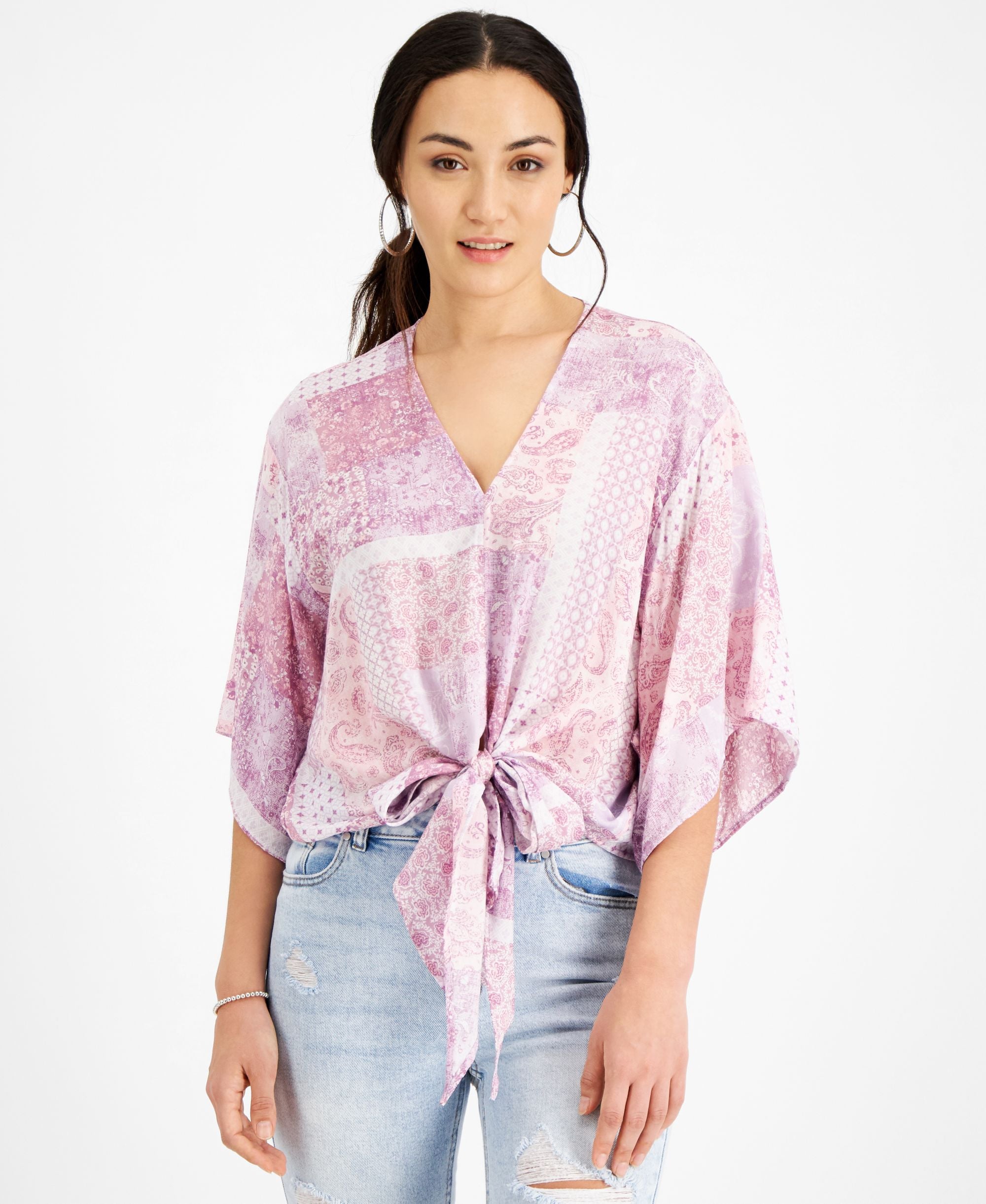 Juniors' Printed Tie-Front Top
