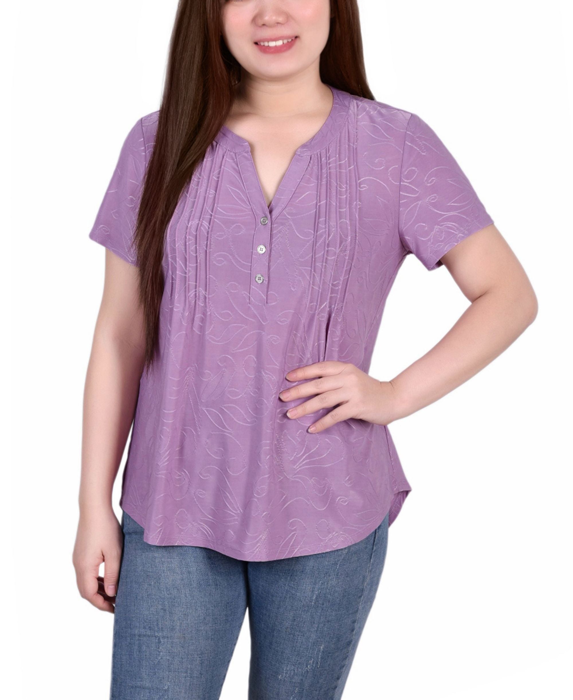 Petite Short Sleeve Y Neck Jacquard Knit Top