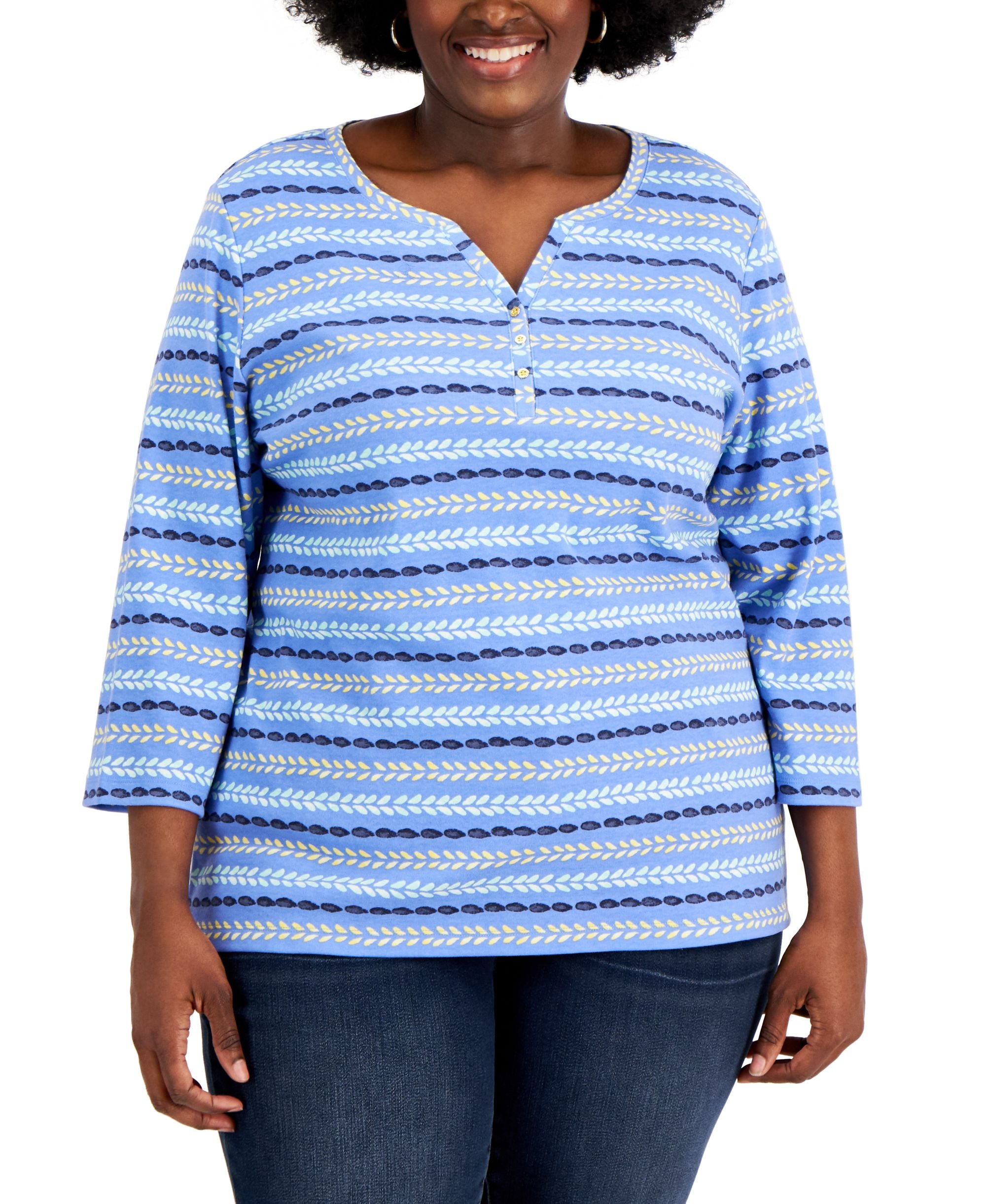 Karen Scott Plus Size Printed 3/4 Sleeve Henley Top