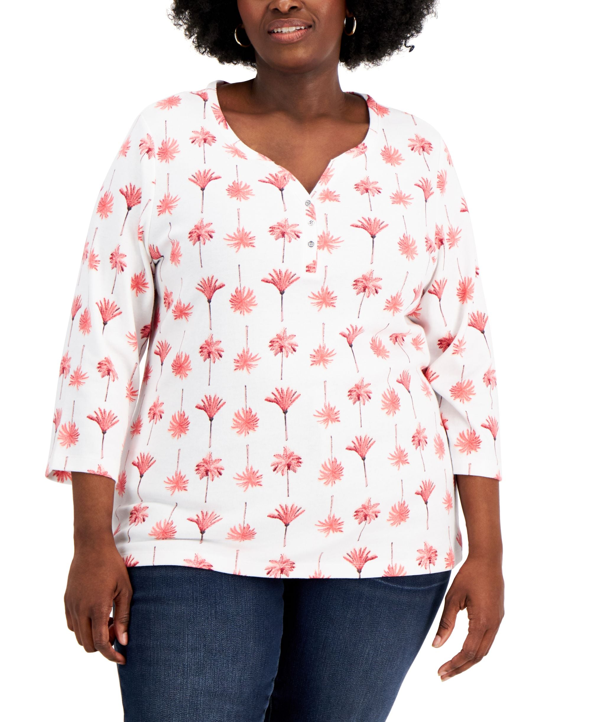 Karen Scott Plus Size Printed 3/4 Sleeve Henley Top