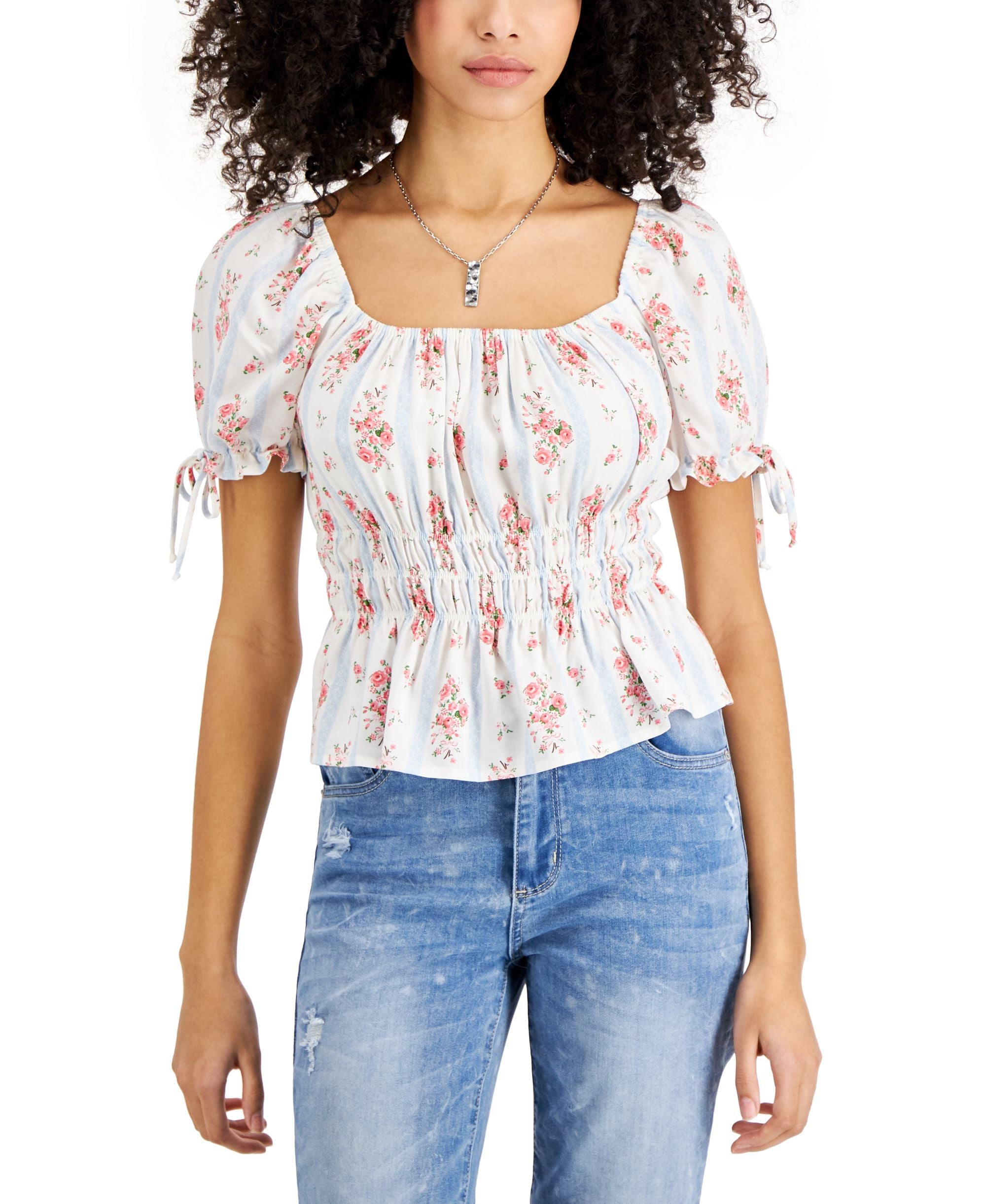 Juniors' Tie-Sleeve Peasant Top