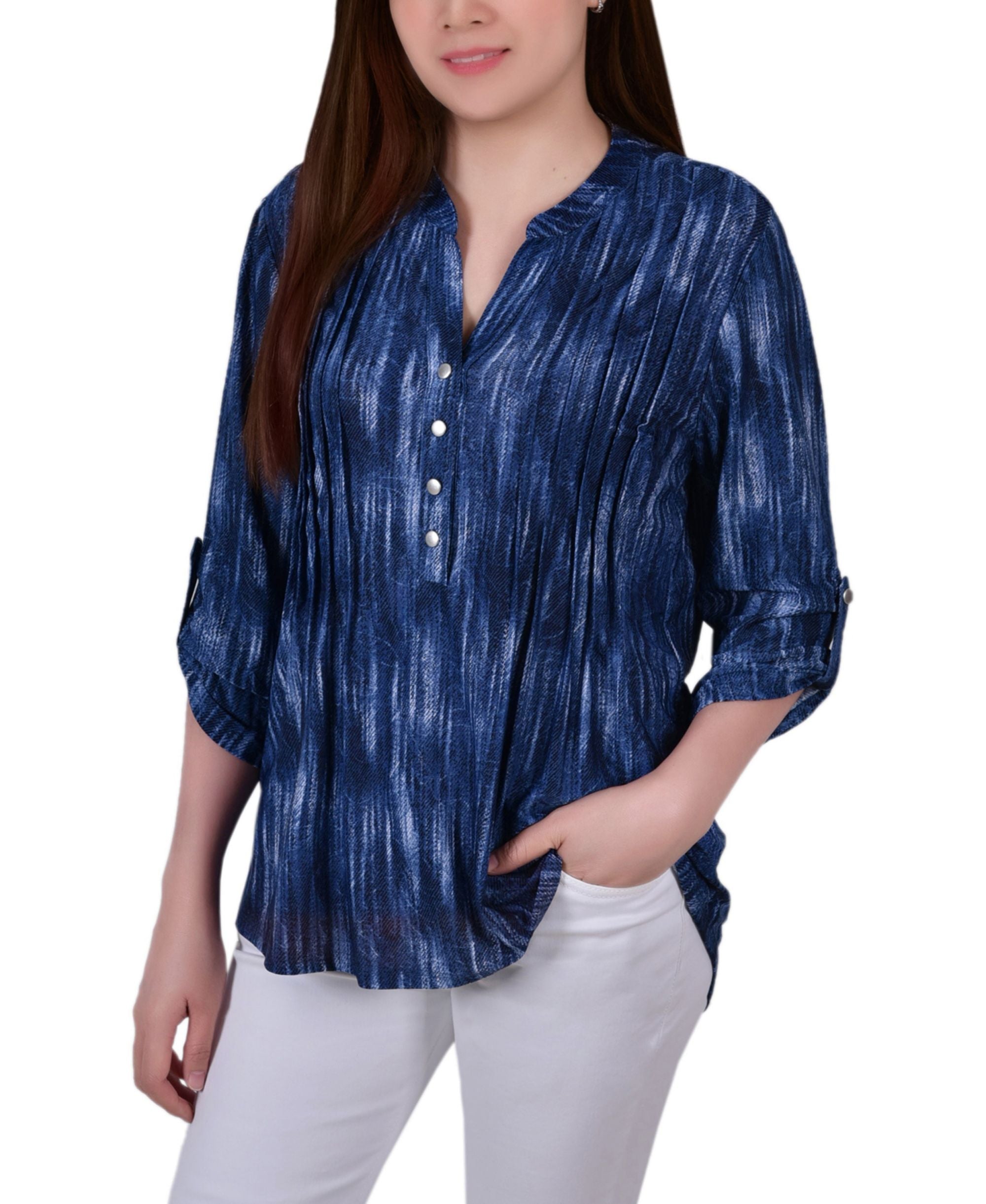 Womens 3/4 Roll Tab Sleeve Y Neck Top