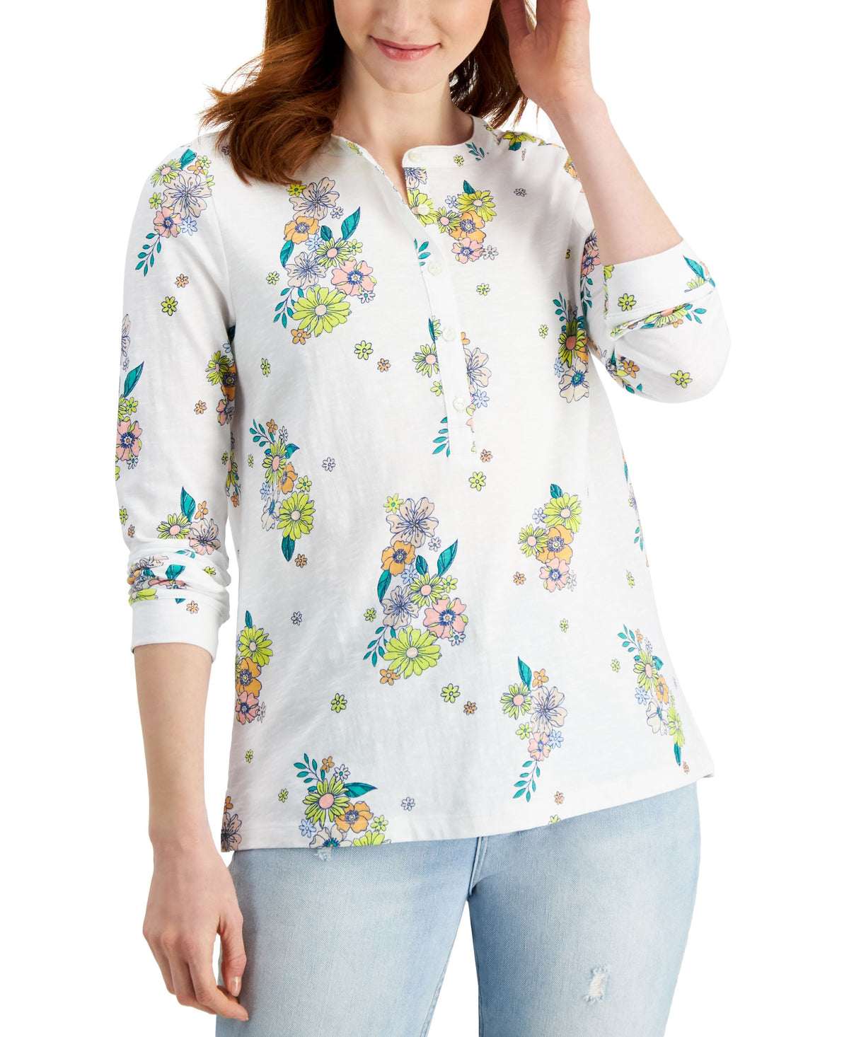 Style & Co Cotton Printed Henley Top