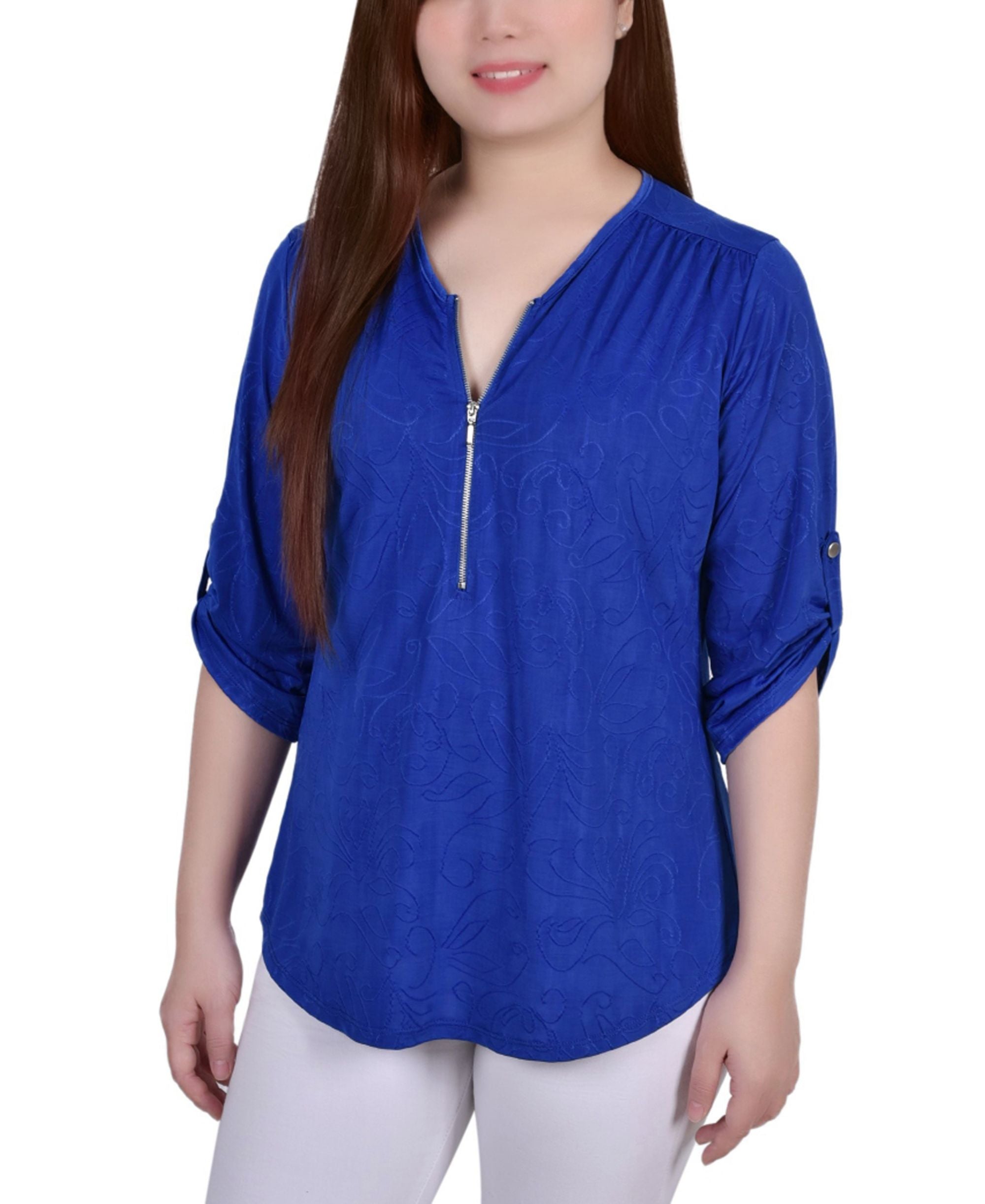 Womens 3/4 Roll Tab Zip Front Jacquard Knit Top