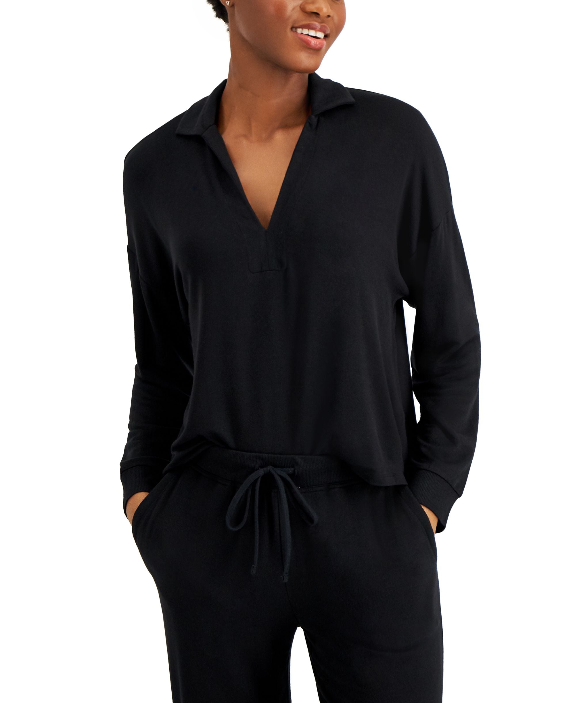 Alfani Collared French Terry V Neck Sleep Top