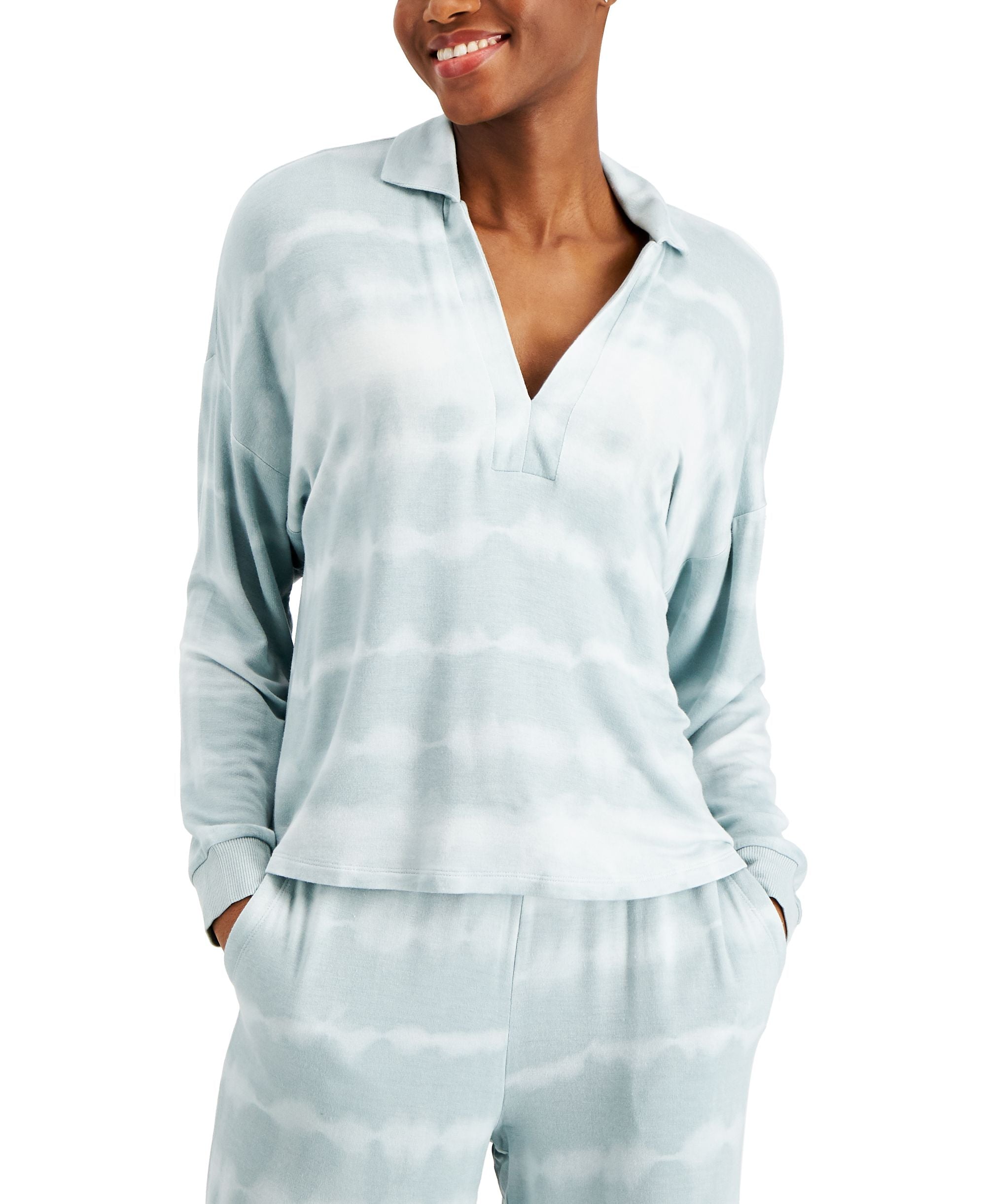 Alfani Collared French Terry V Neck Sleep Top
