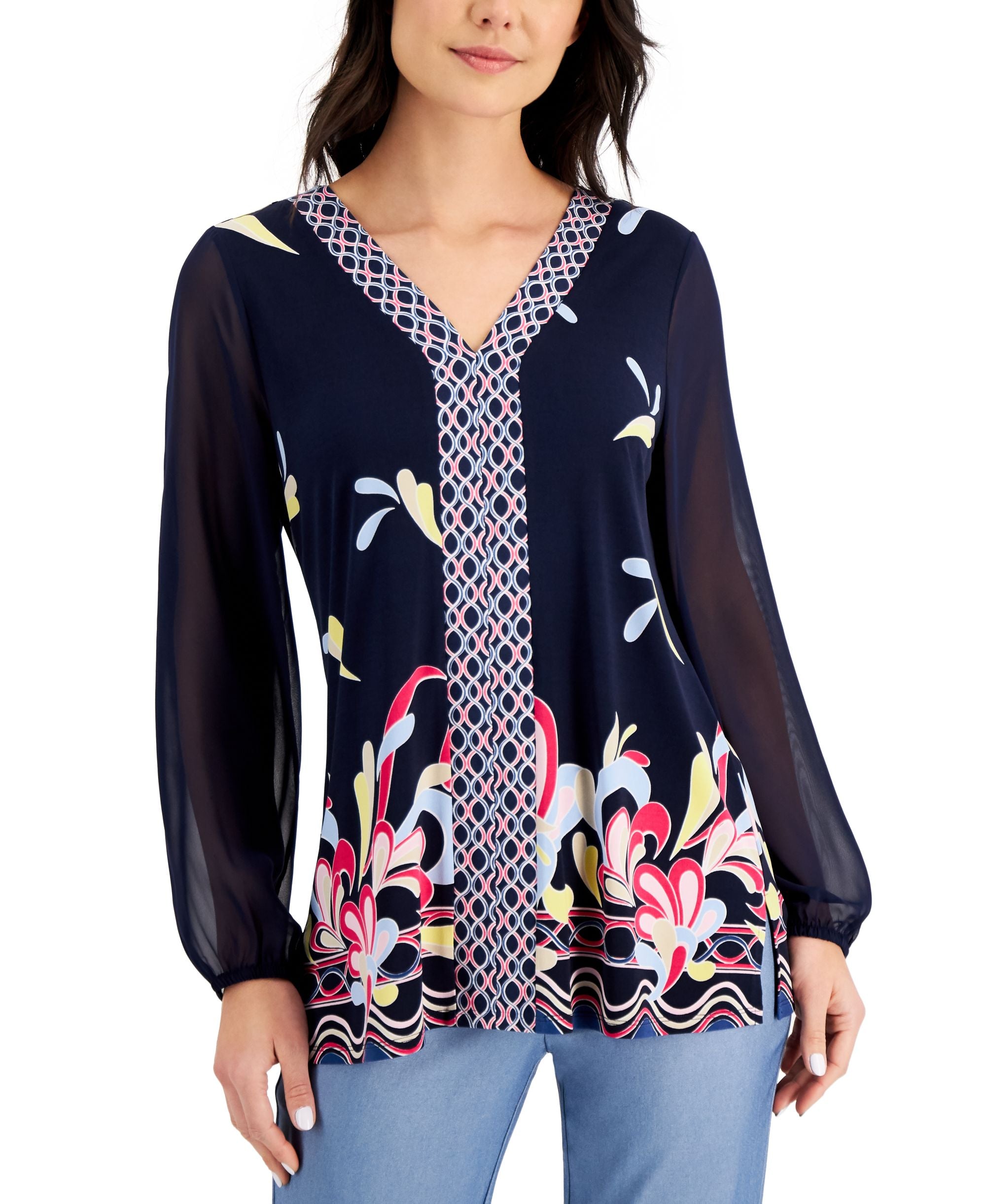 JM Collection Border Print Sheer Sleeve Top